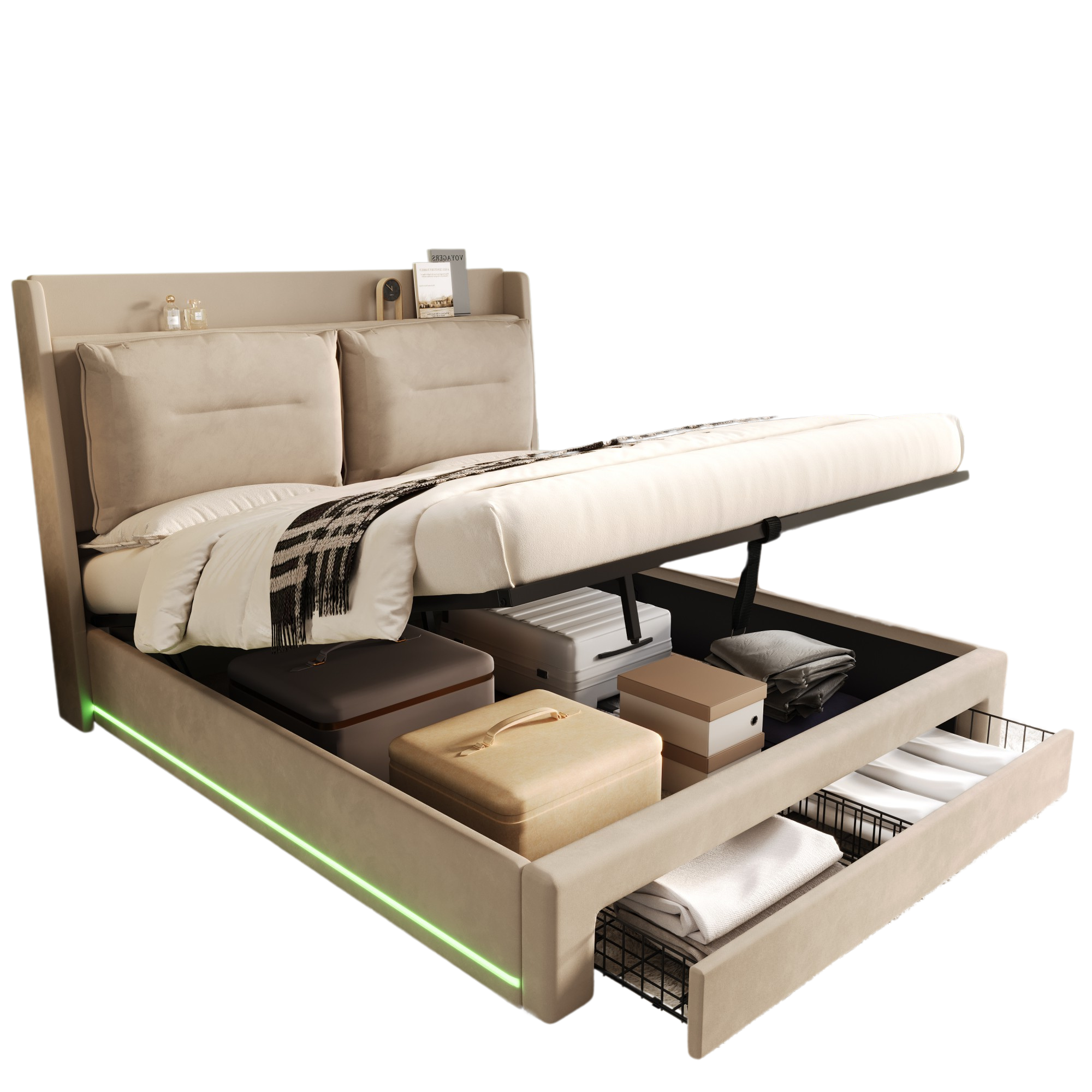 Upholstered Bed 180x200 Hydraulic Storage Drawers LED Light - Velvet Beige