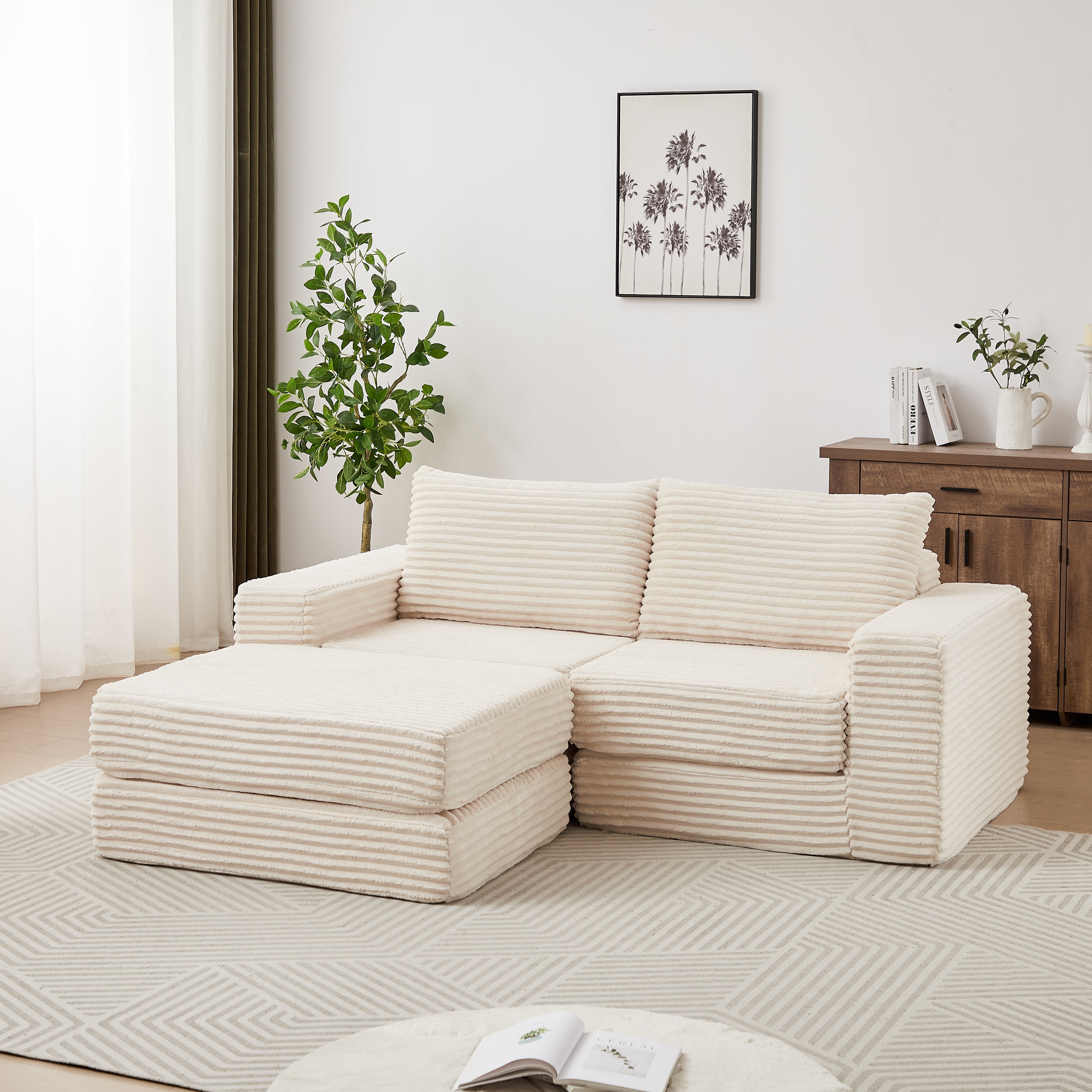 Corduroy 2-in-1 Sofa Bed with Two Pillows, Removable Footstool and Modular Design, Corduroy