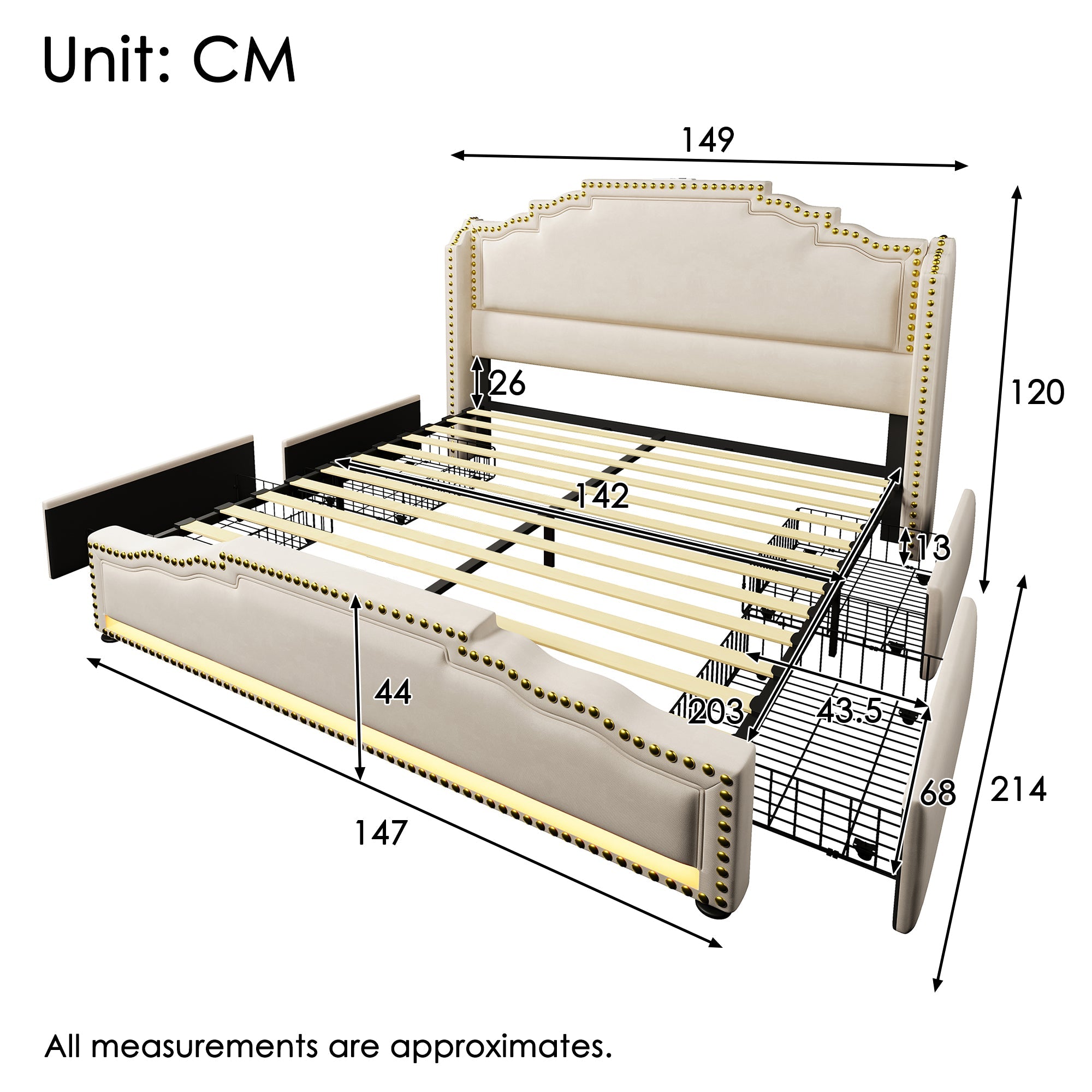 Upholstered Bed 140x200, Double with 4 Drawers, LED & USB-C, Beige Velvet