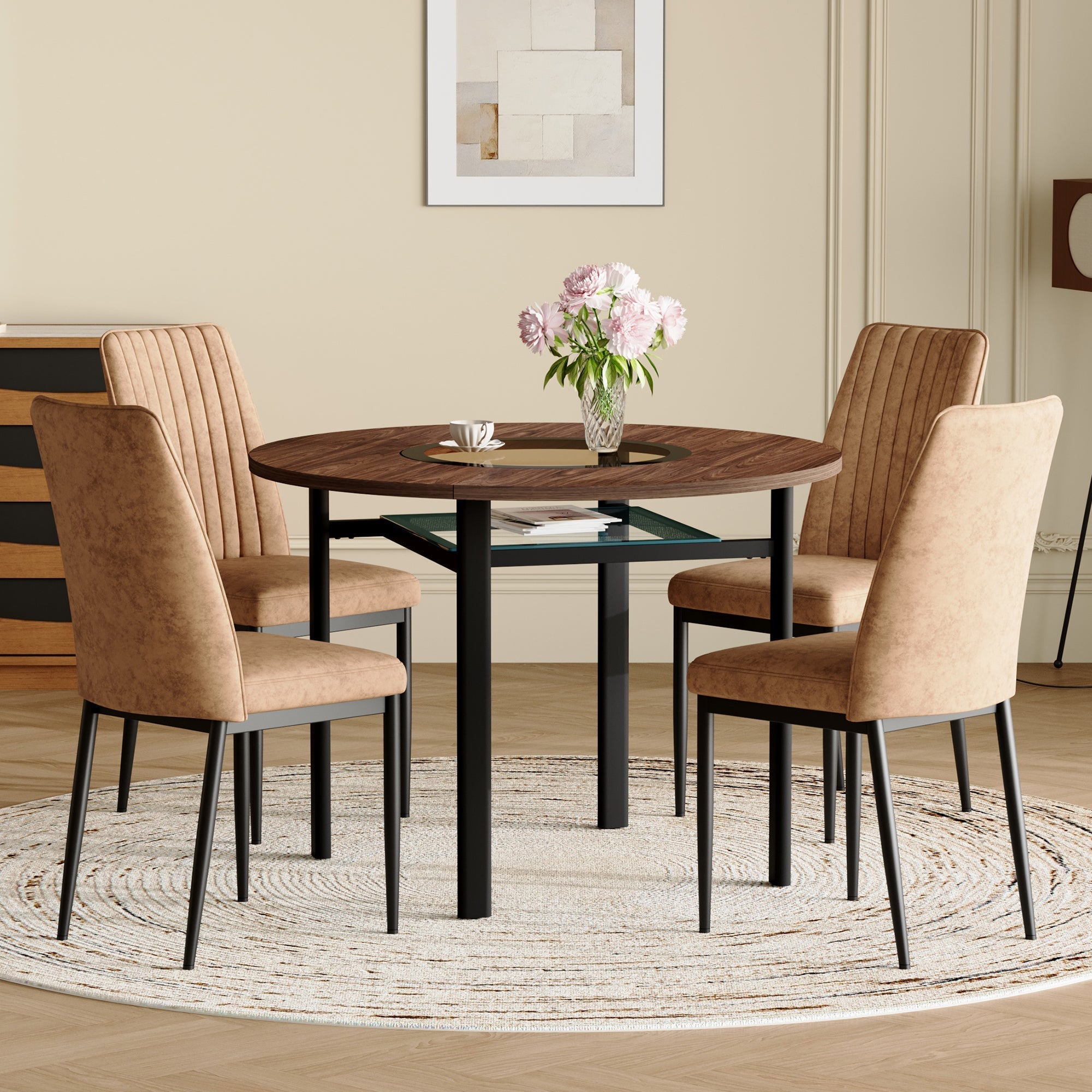 Dining Set Minimalist Round Glass Table 85cm 4 Chairs - Brown