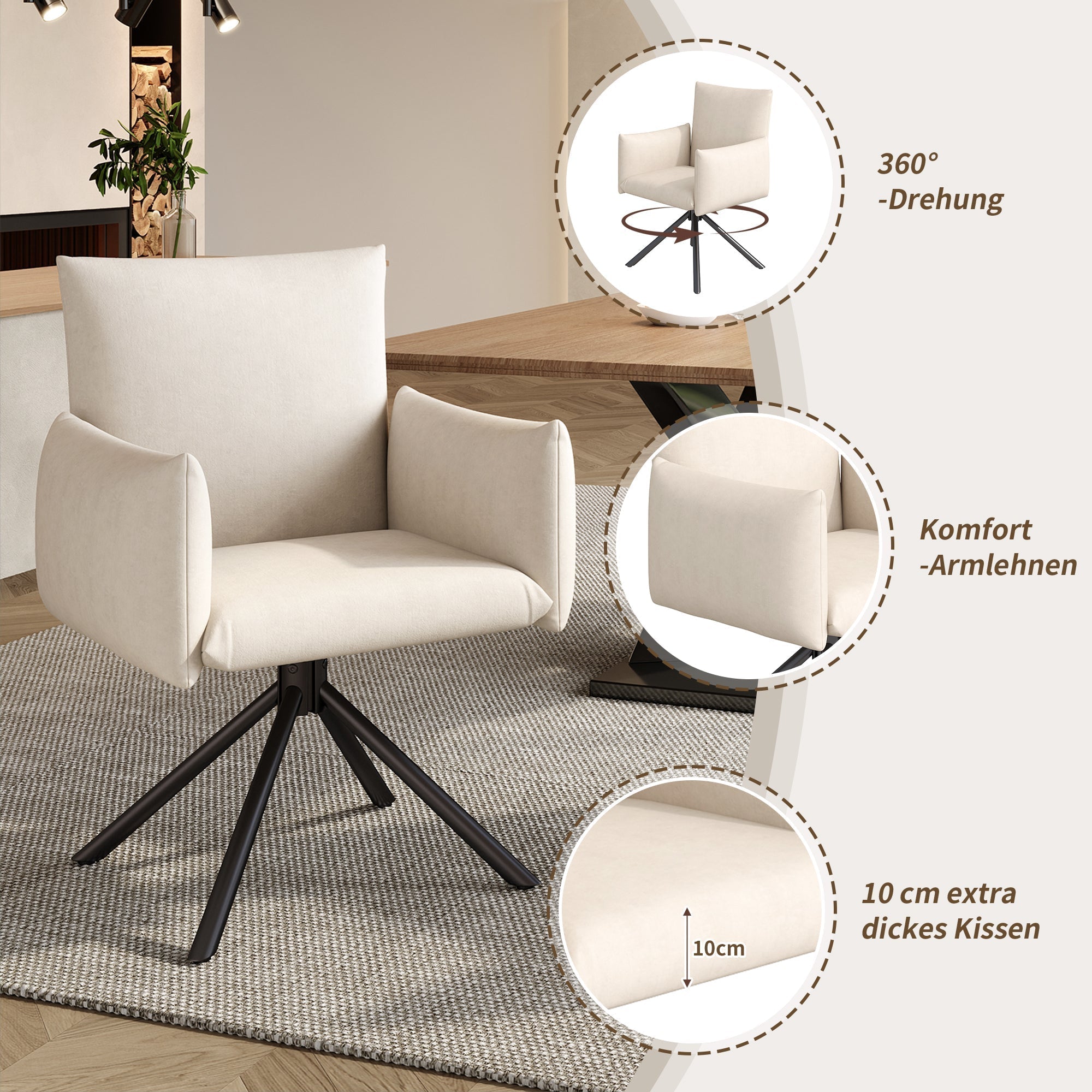 Dining Swivel Armchair Set of 6, Upholstered 360° Metal Legs Lumbar Support - Velvet Beige