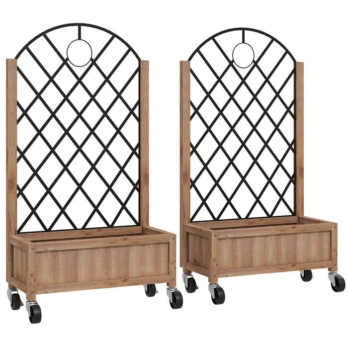 Raised Garden Bed with Trellis, Pack of 2 Elevated Planter Box with Wheels, Wooden Brown