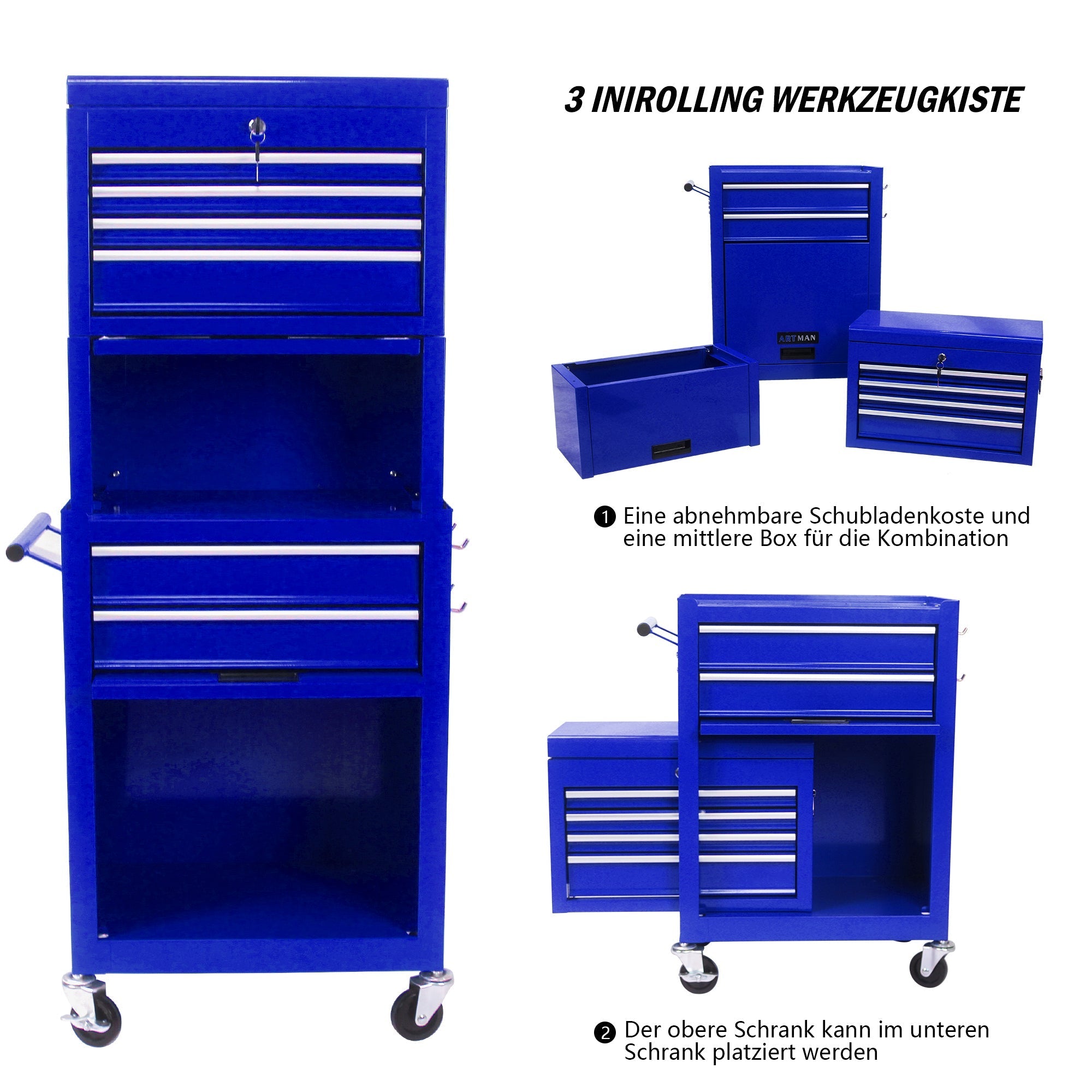 Werkzeugschrank 6-Schubladen Rollbar 2-in-1 Organizer Blau