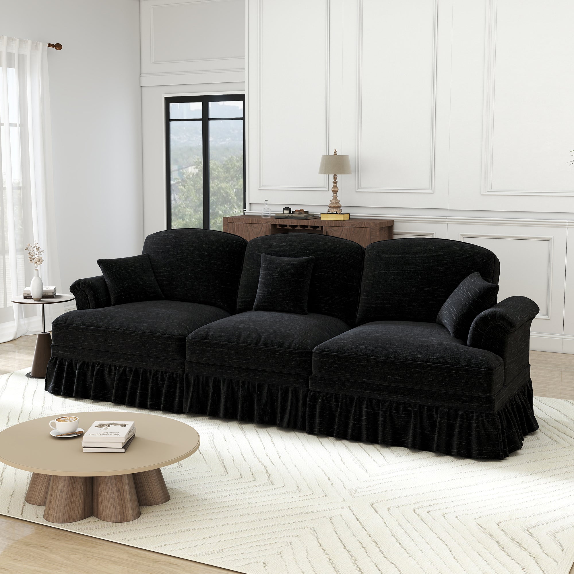 Sofa 3-seater Mid-Century Chenille Ruffled Apron - Black