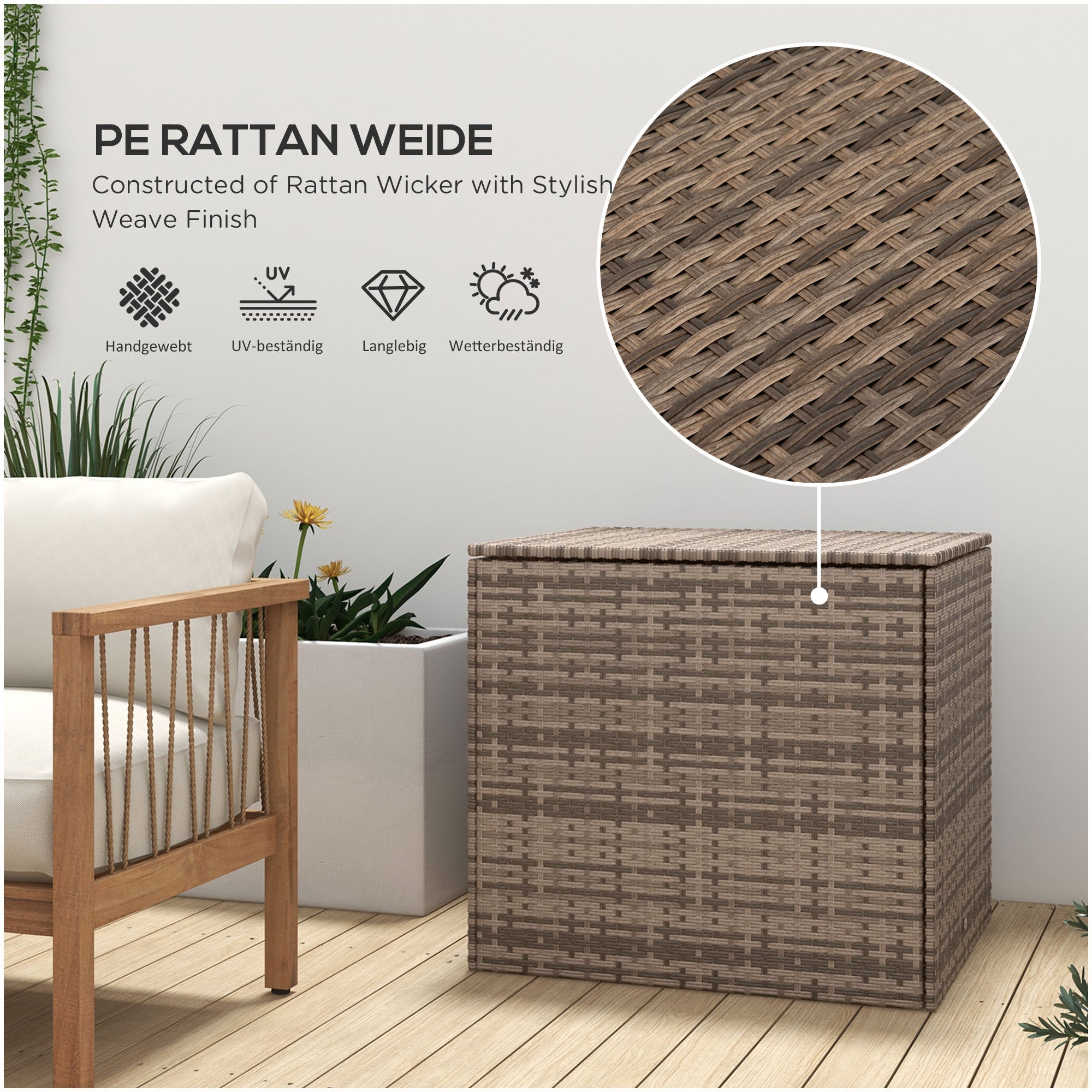 Polyrattan Cushion Box with Lid, Automatic Lifting, Weatherproof, 75x75x70 cm, Sand