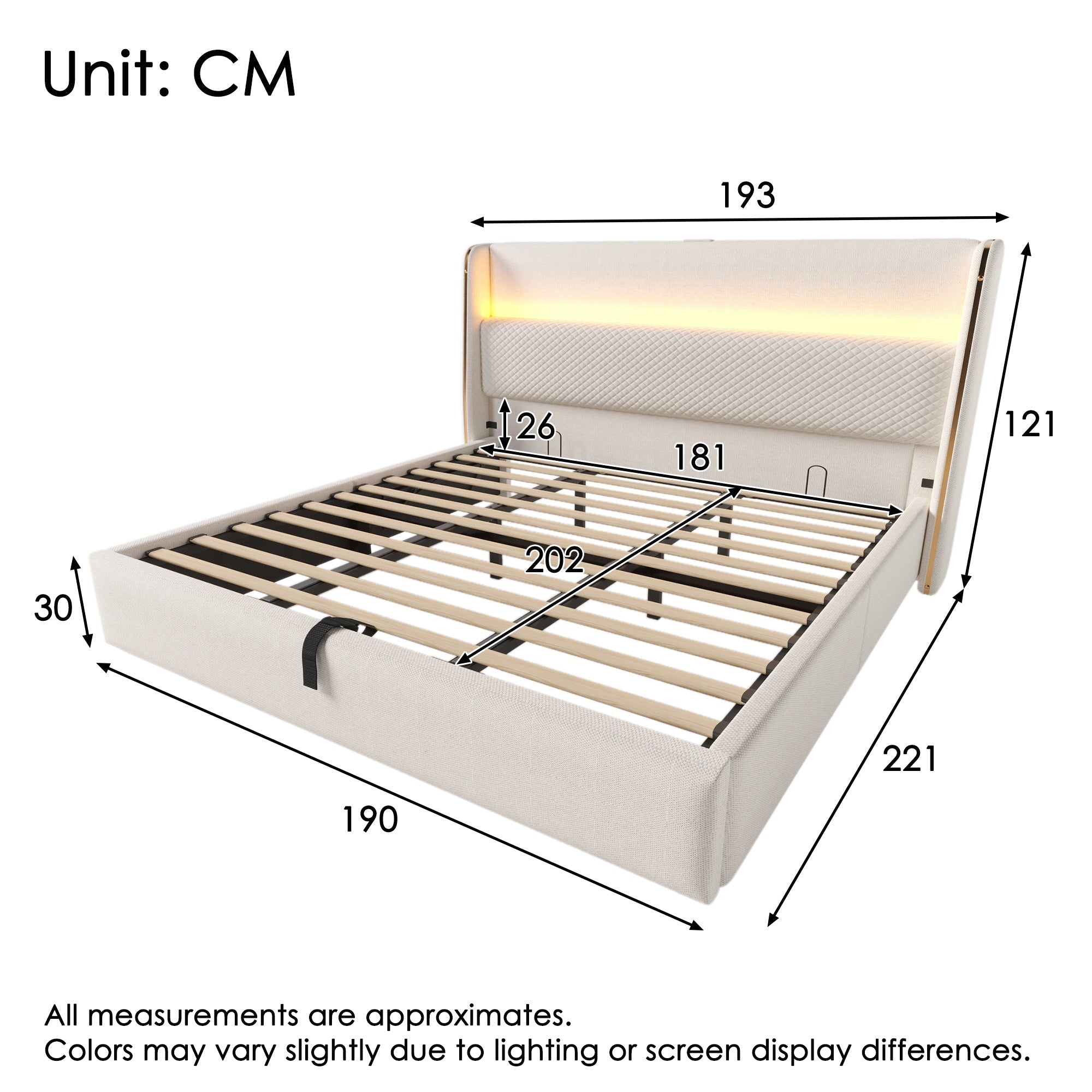 Hydraulic Bed 180x200cm, High Headboard LED, Storage, USB/Type-C, Linen Beige