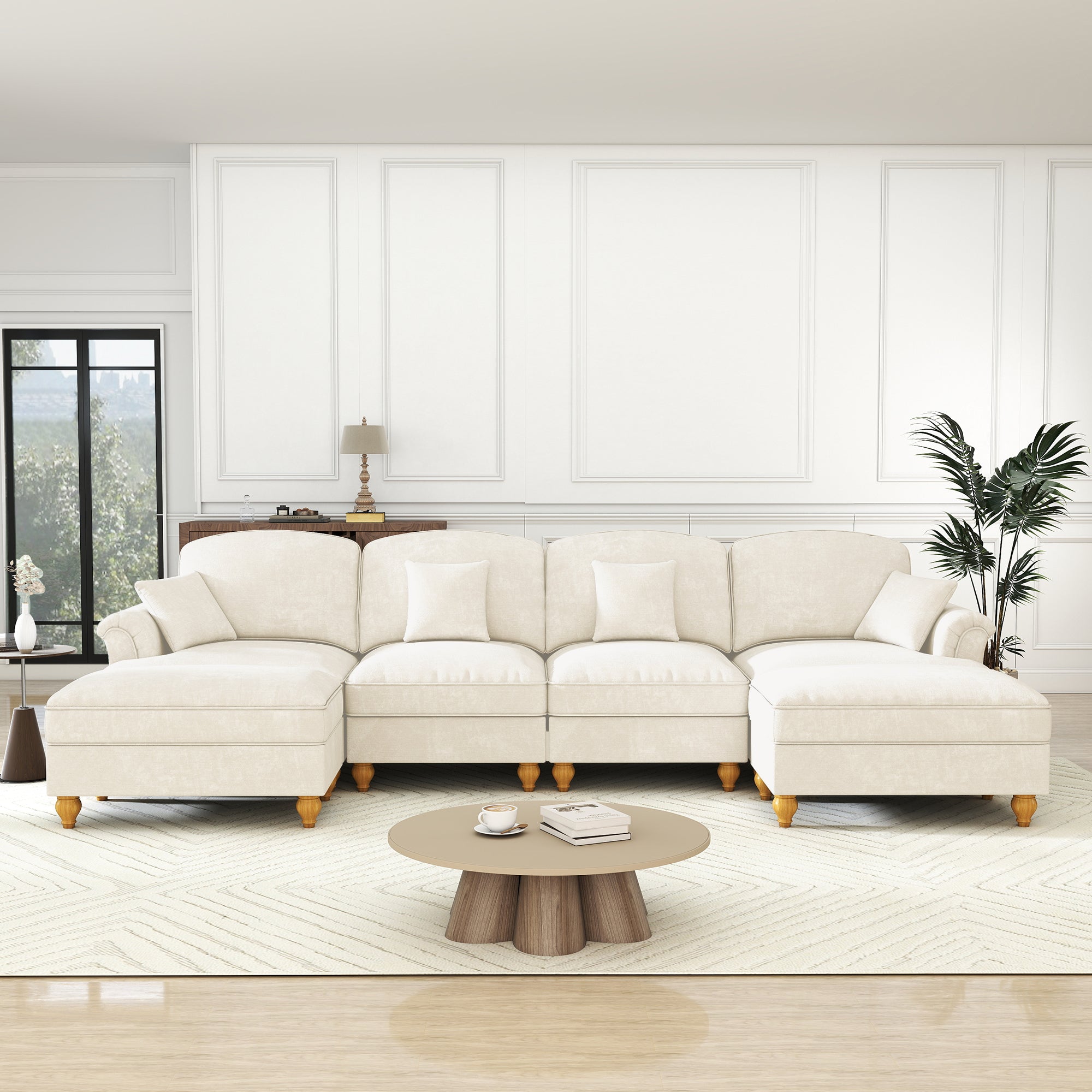 Modular U-Shaped Sofa 4-Seater Movable Ottoman Removable Apron - White Chenille