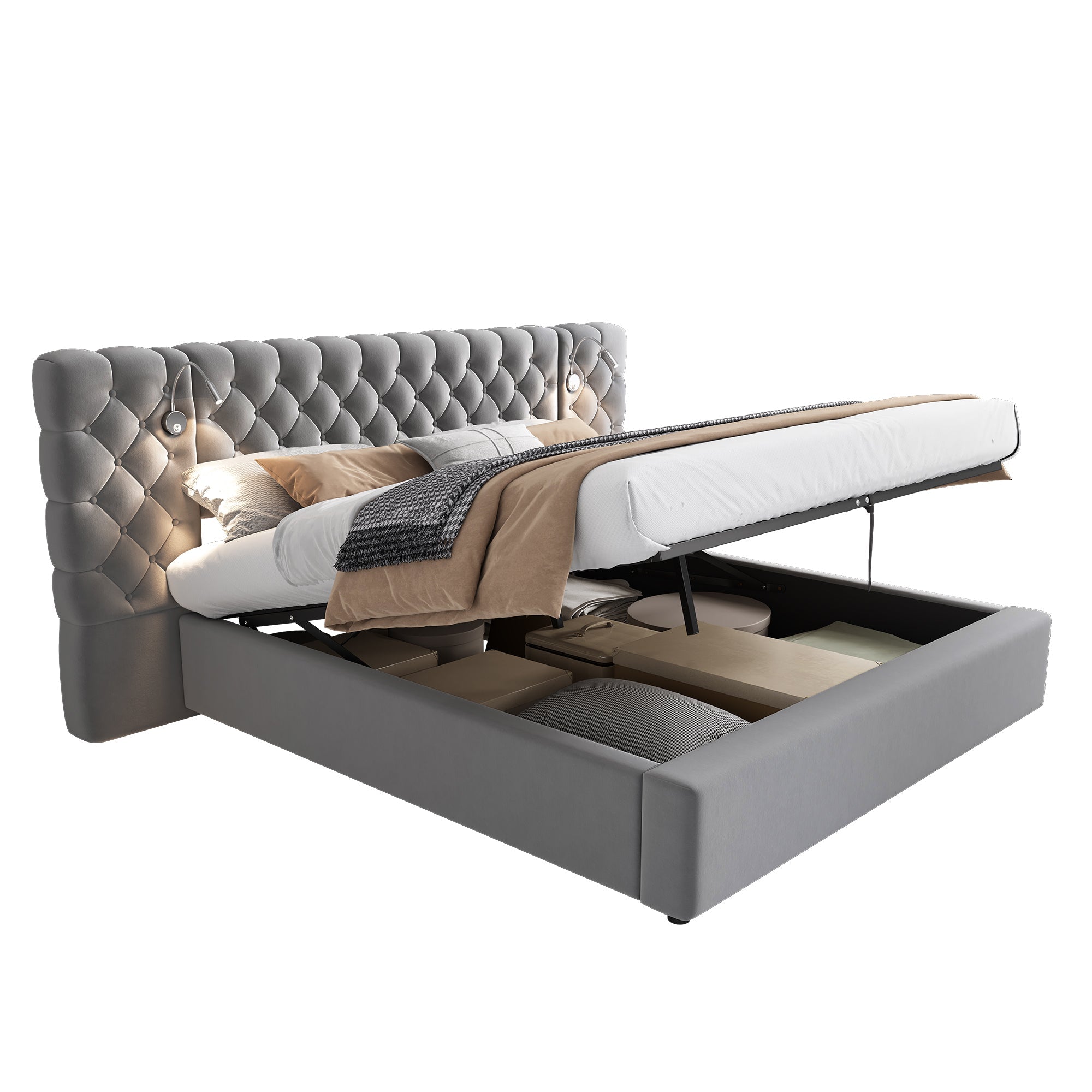 Upholstered Bed, Super King Size 6ft Hydraulic Storage Bed with Reading Light and Wide Headboard, Velvet, Grey