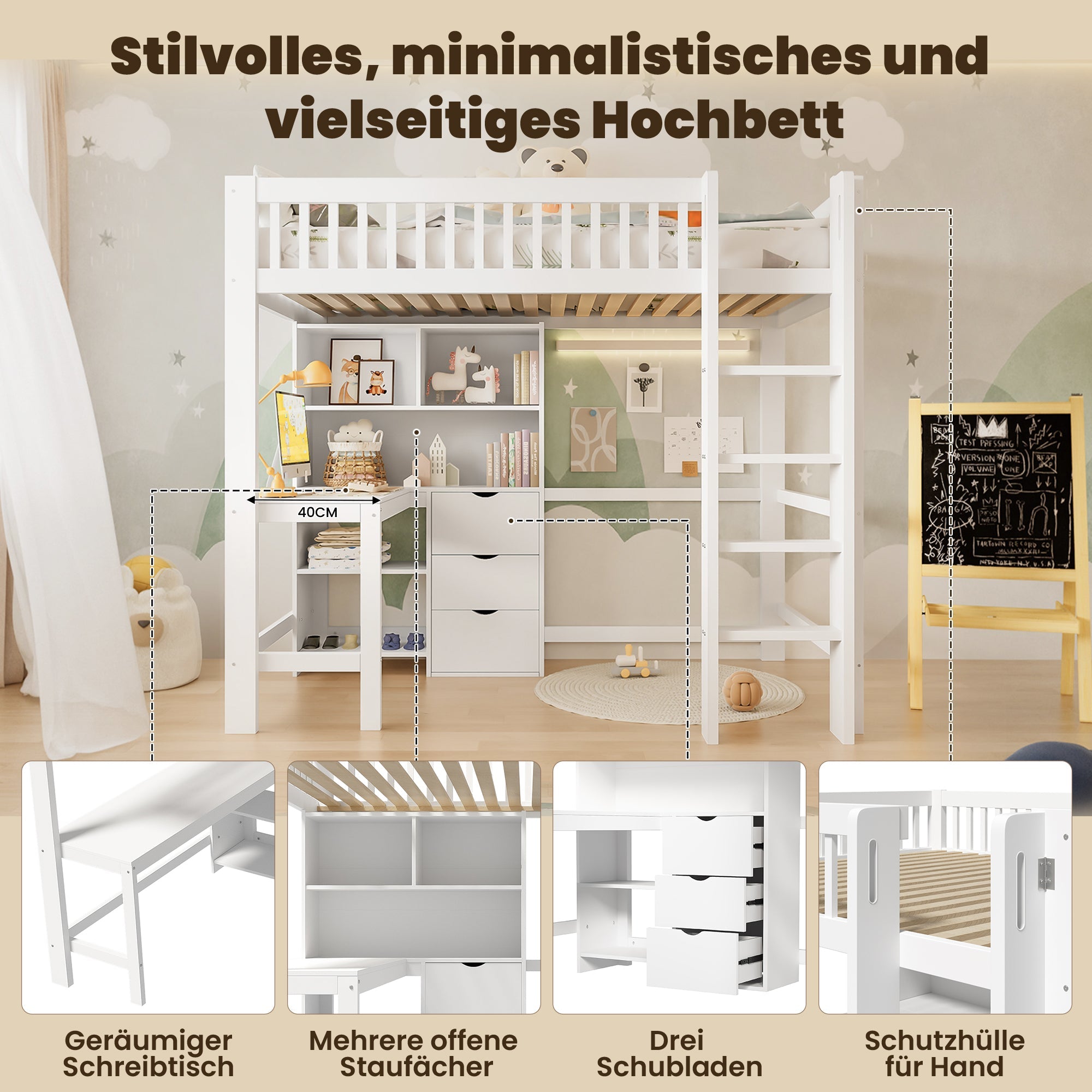 Loft Bed 90x200cm Storage Ladder Desk 3 Drawers, White