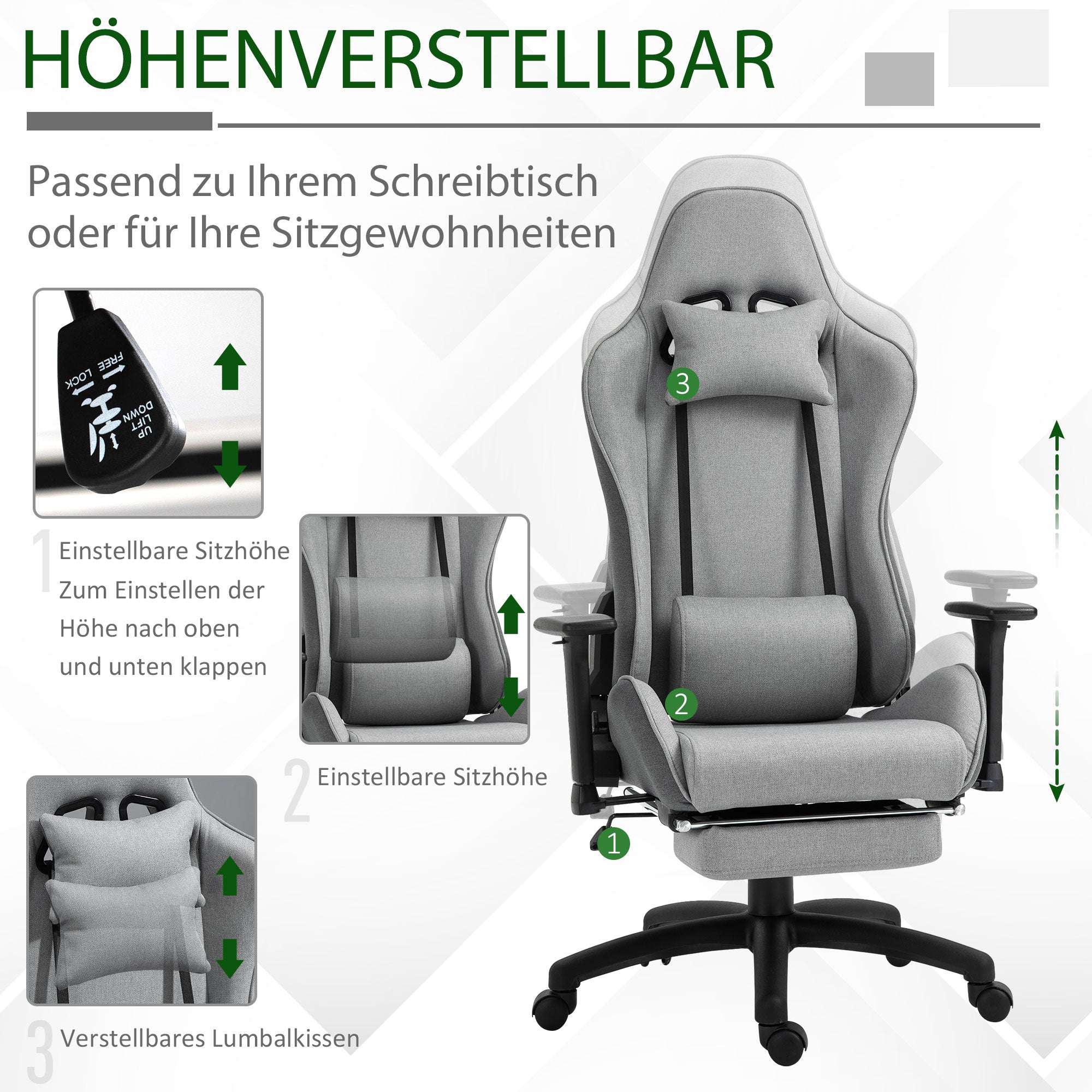 Vinsetto Office Chair, Adjustable Armrests, Lumbar Cushions, Rocker Function, Grey Fabric