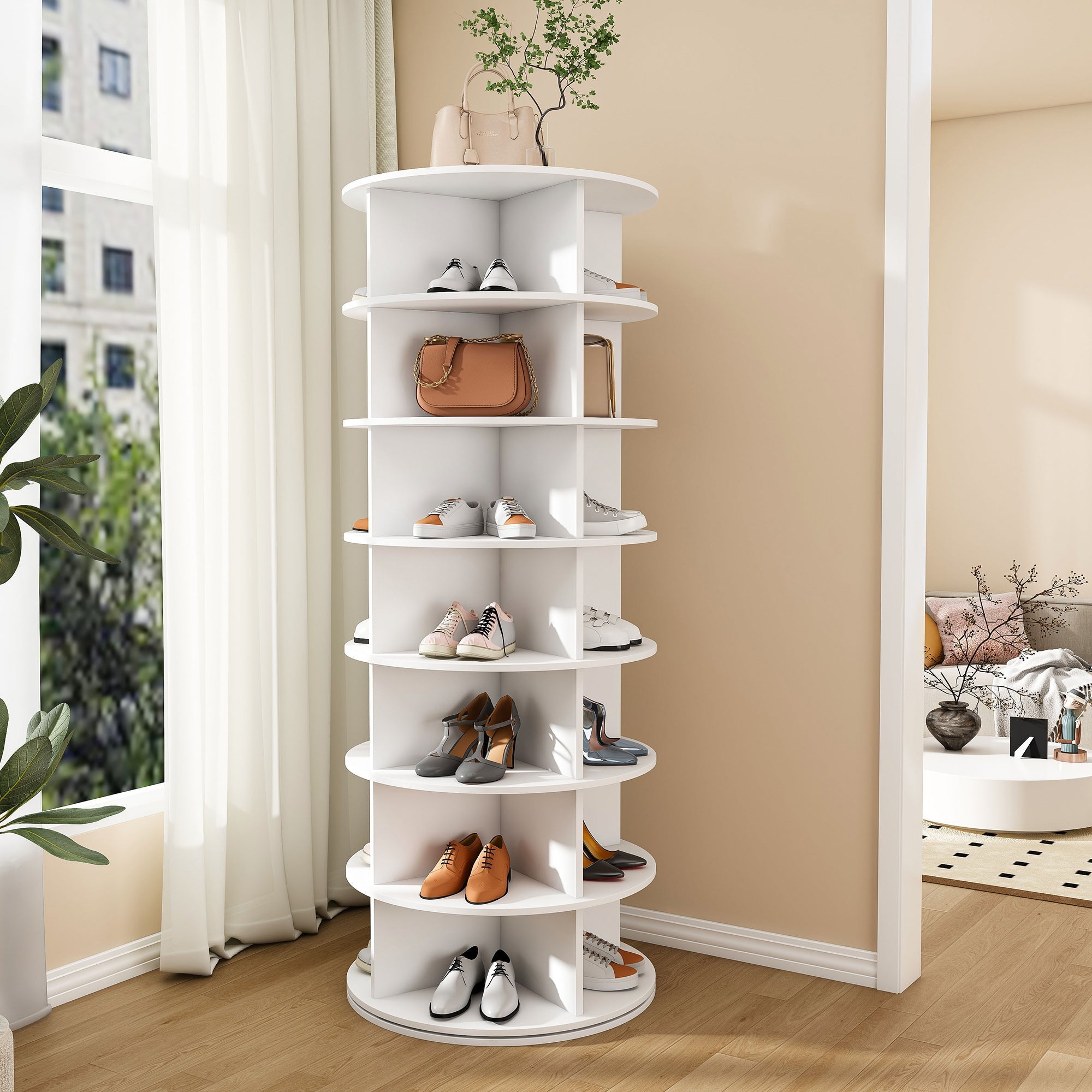 Shoe Rack Tower 7-Tier 360° Rotatable 28 Pairs - White