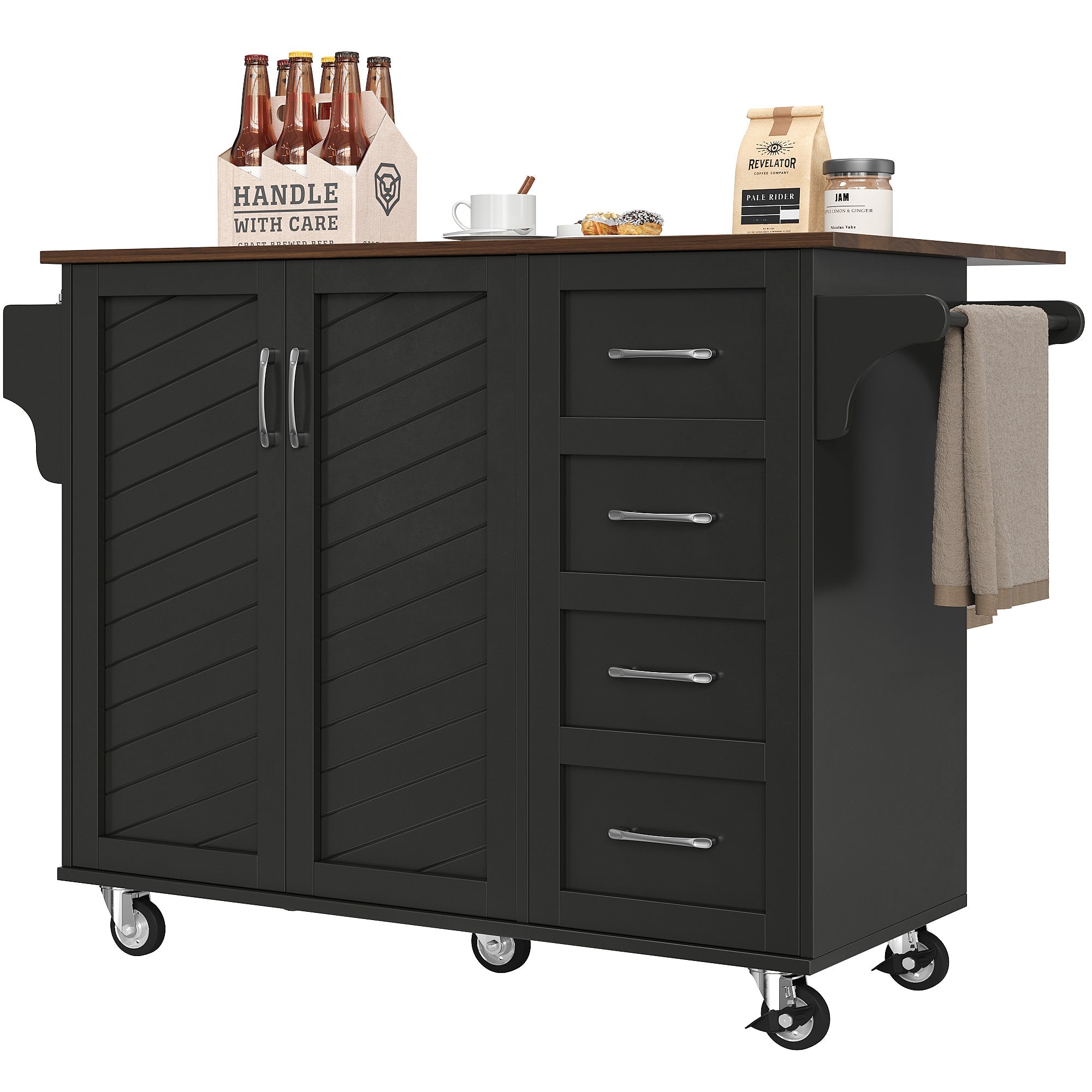 Kitchen Trolley Mobile Storage Striped Doors Towel/Spice Rack - Black
