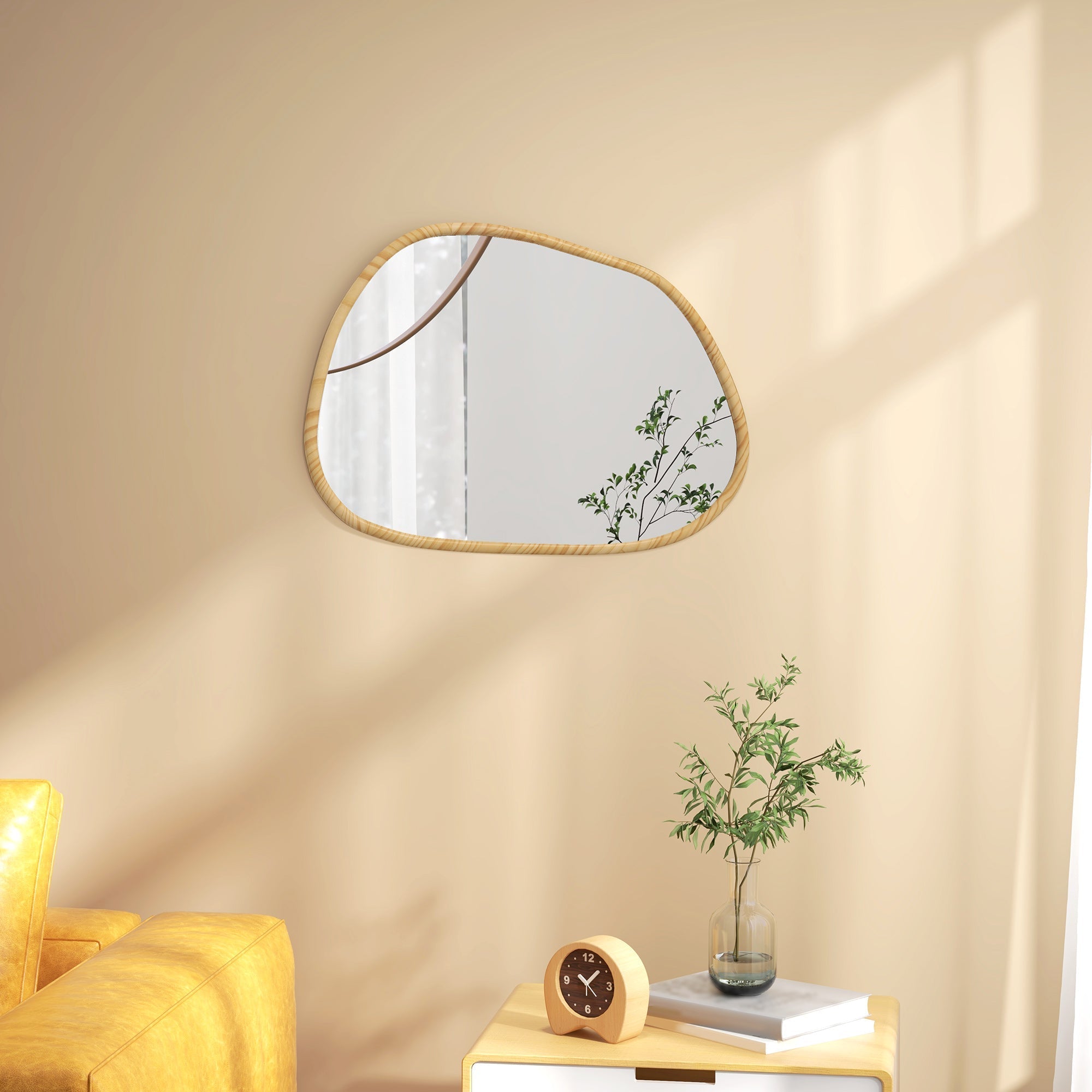 Asymmetrical Wall Mirror 70x50cm Antioxidant Wooden Frame, Natural