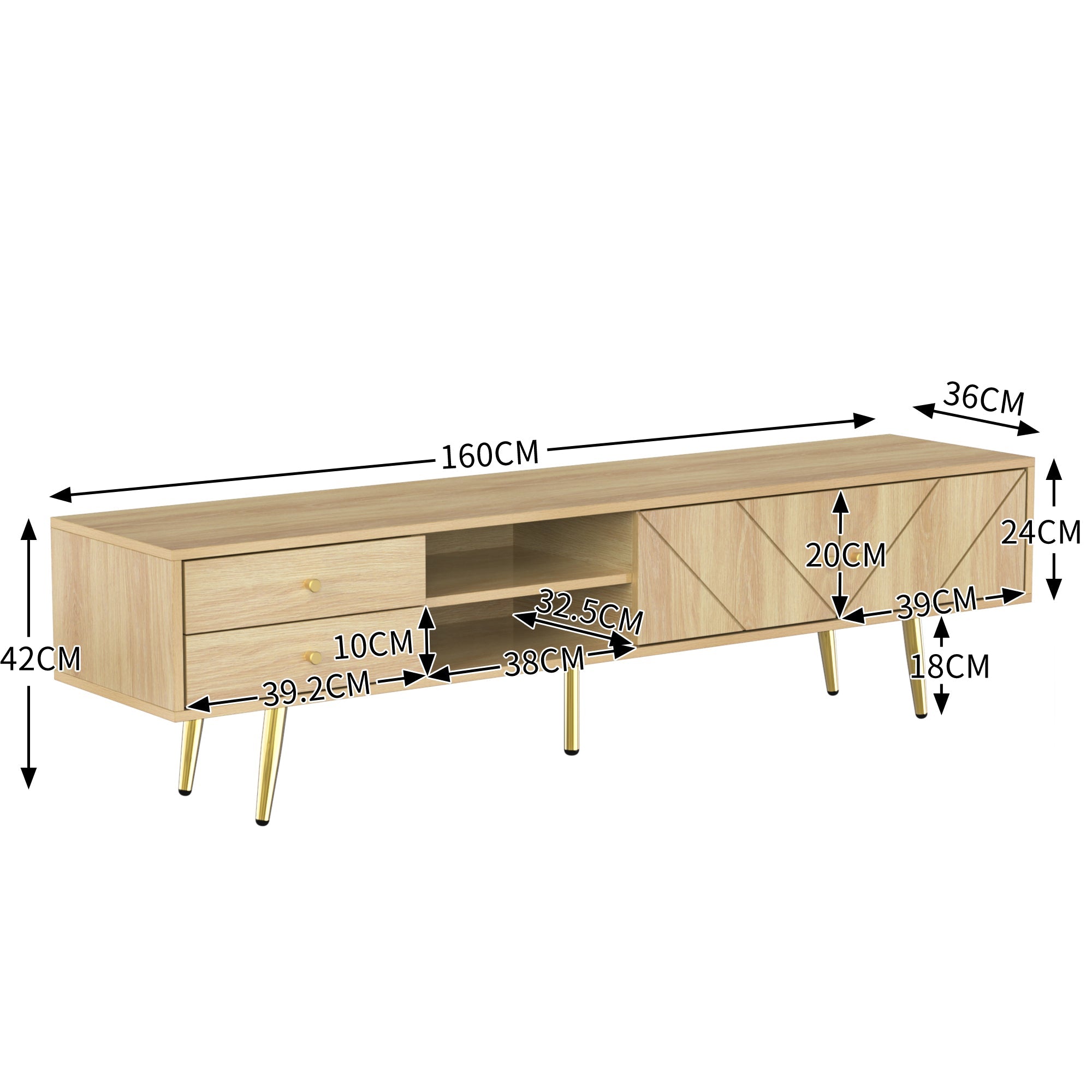 TV Cabinet 160cm, Gold Feet, Two Drawers, Unique Doors