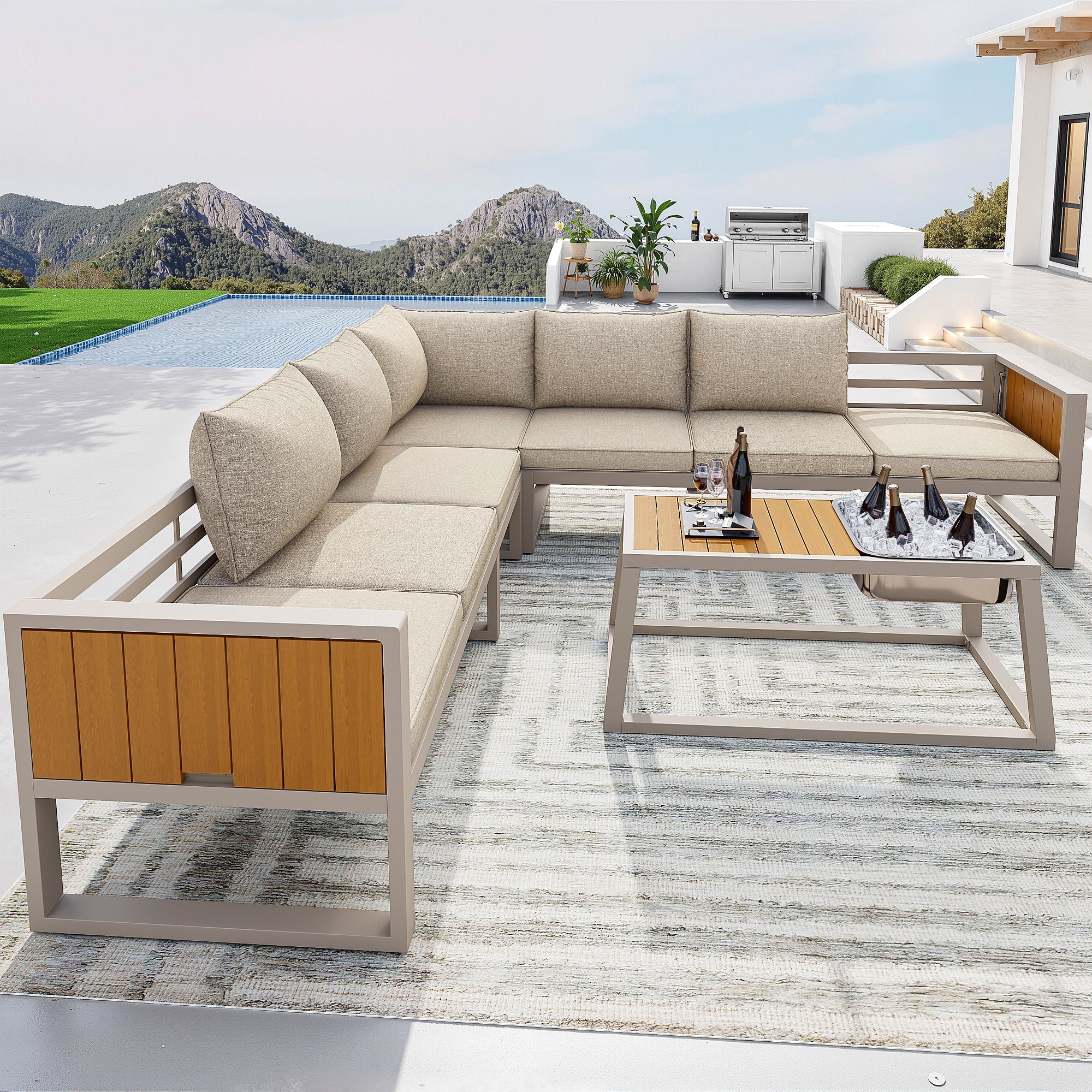 Modular Outdoor Sofa Set with Adjustable Backrest, Fold-out Armrests and Metal Ice Bucket, Grey/Beige