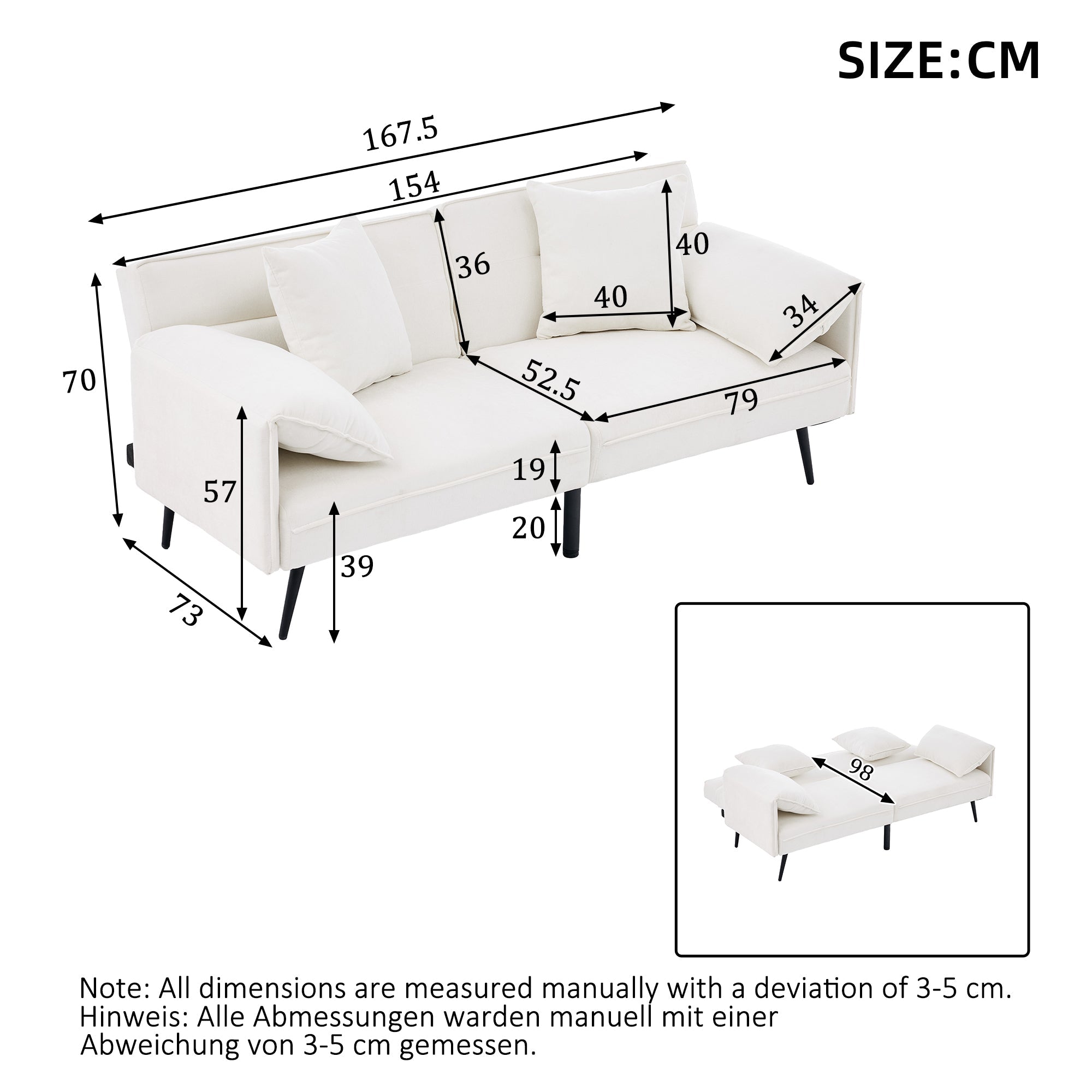 2-Seater Sleeper Sofa with 3-Position Adjustable Backrest, White