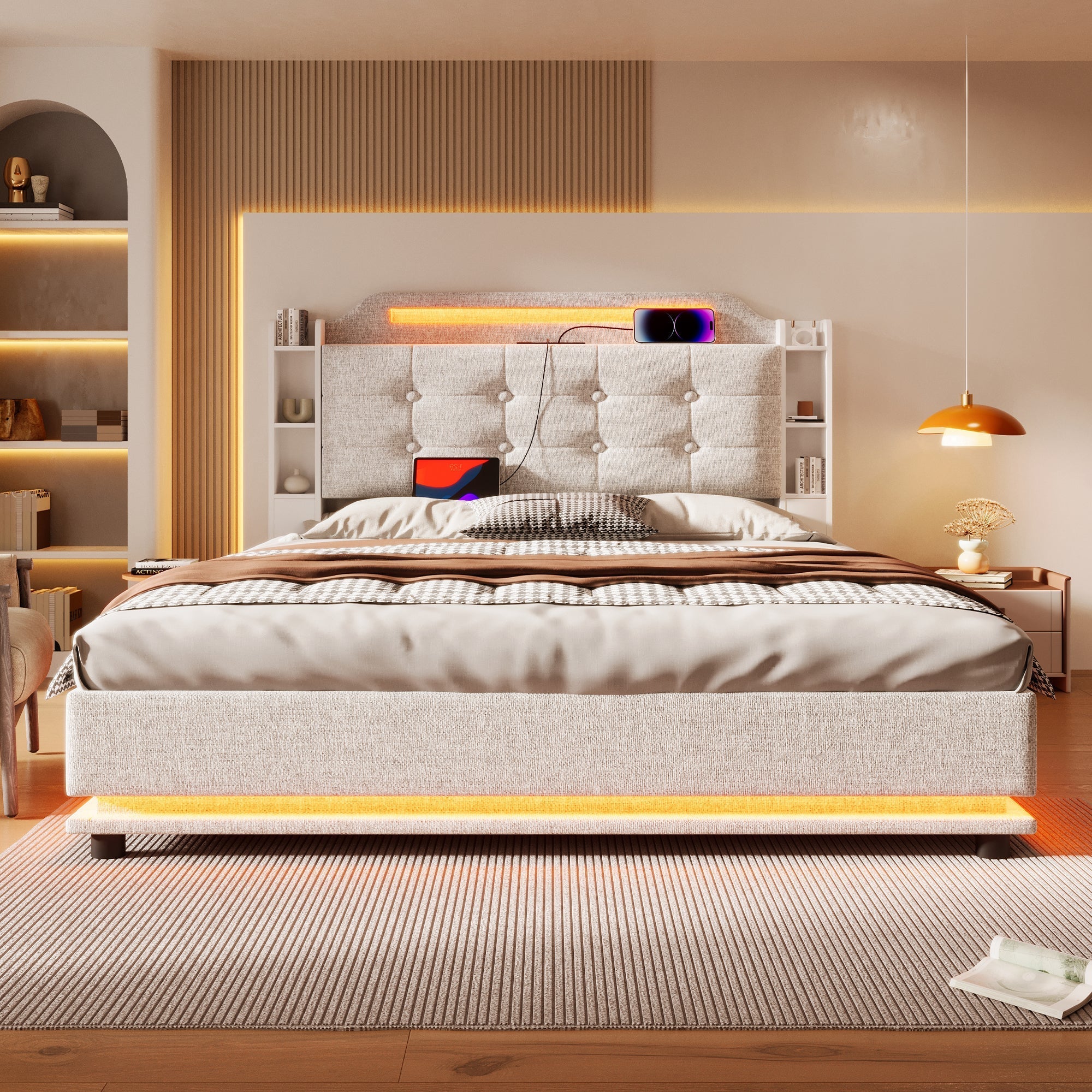 Upholstered Bed 140x200cm Hydraulic Storage LED USB/Type-C Linen Beige