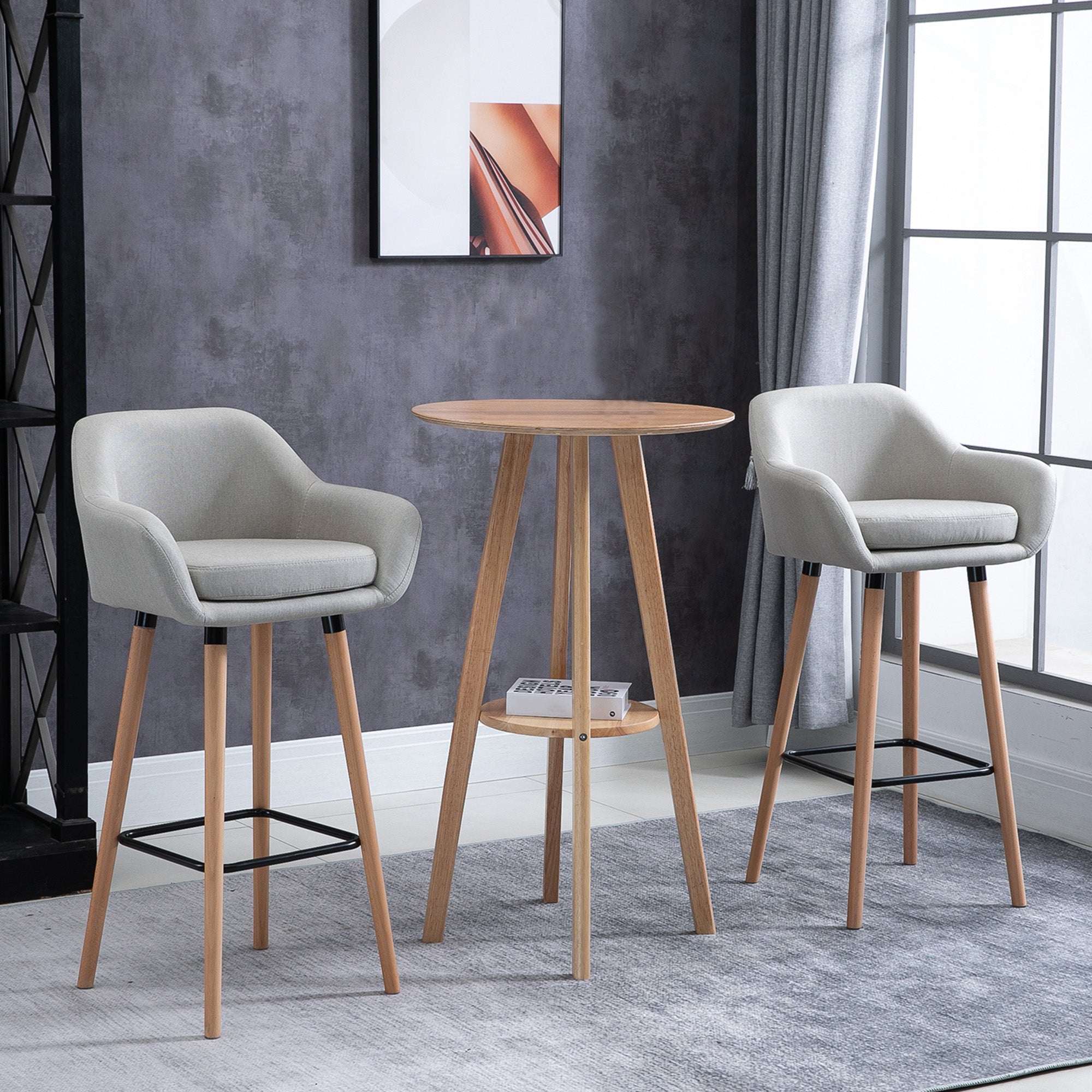 Bar Stool Set of 2, Comfortable Kitchen Stools with Footrests, Linen Beige/Beechwood