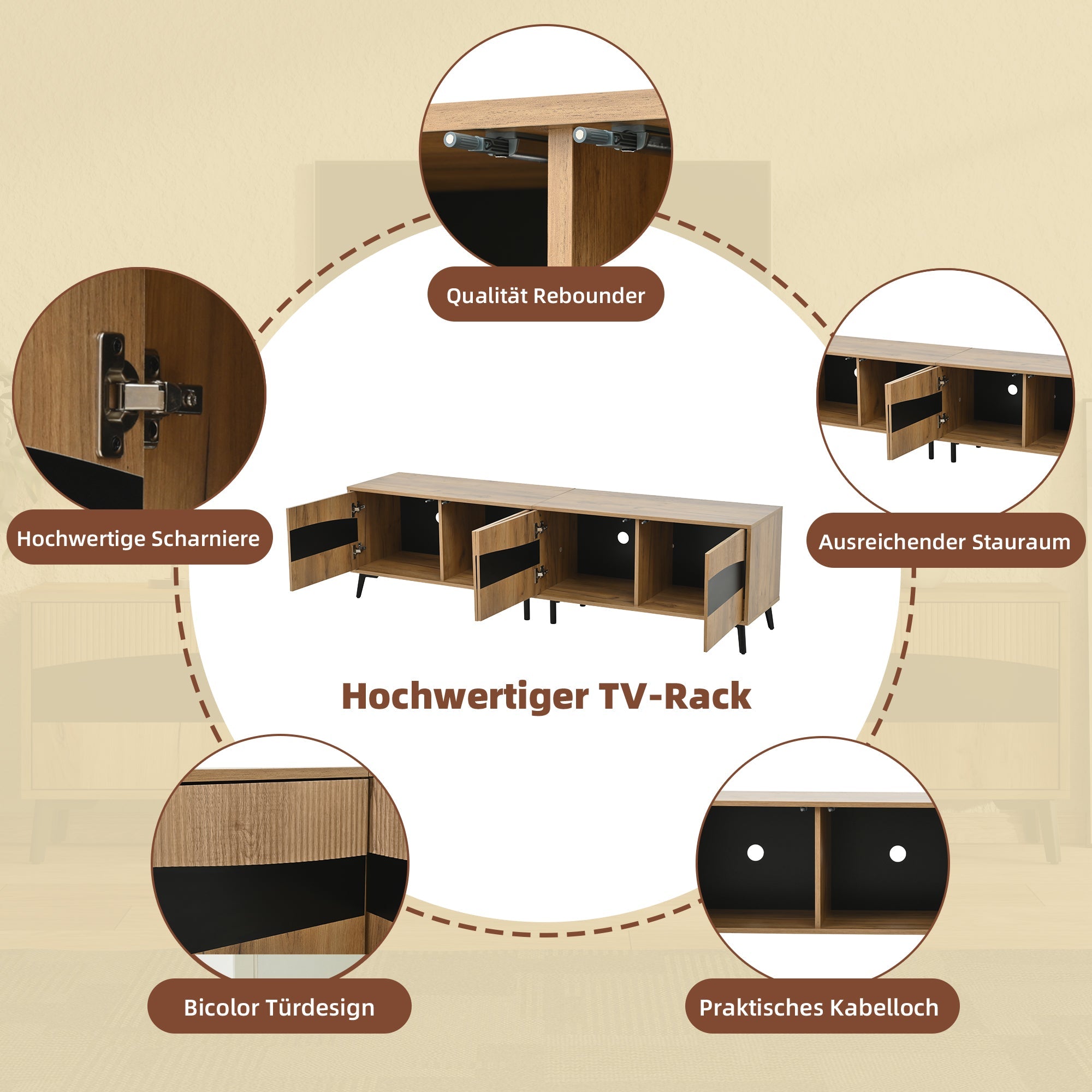 TV Cabinet, 180x40x50cm, 4 Cabinets, Symmetrical Design, Wood & Black