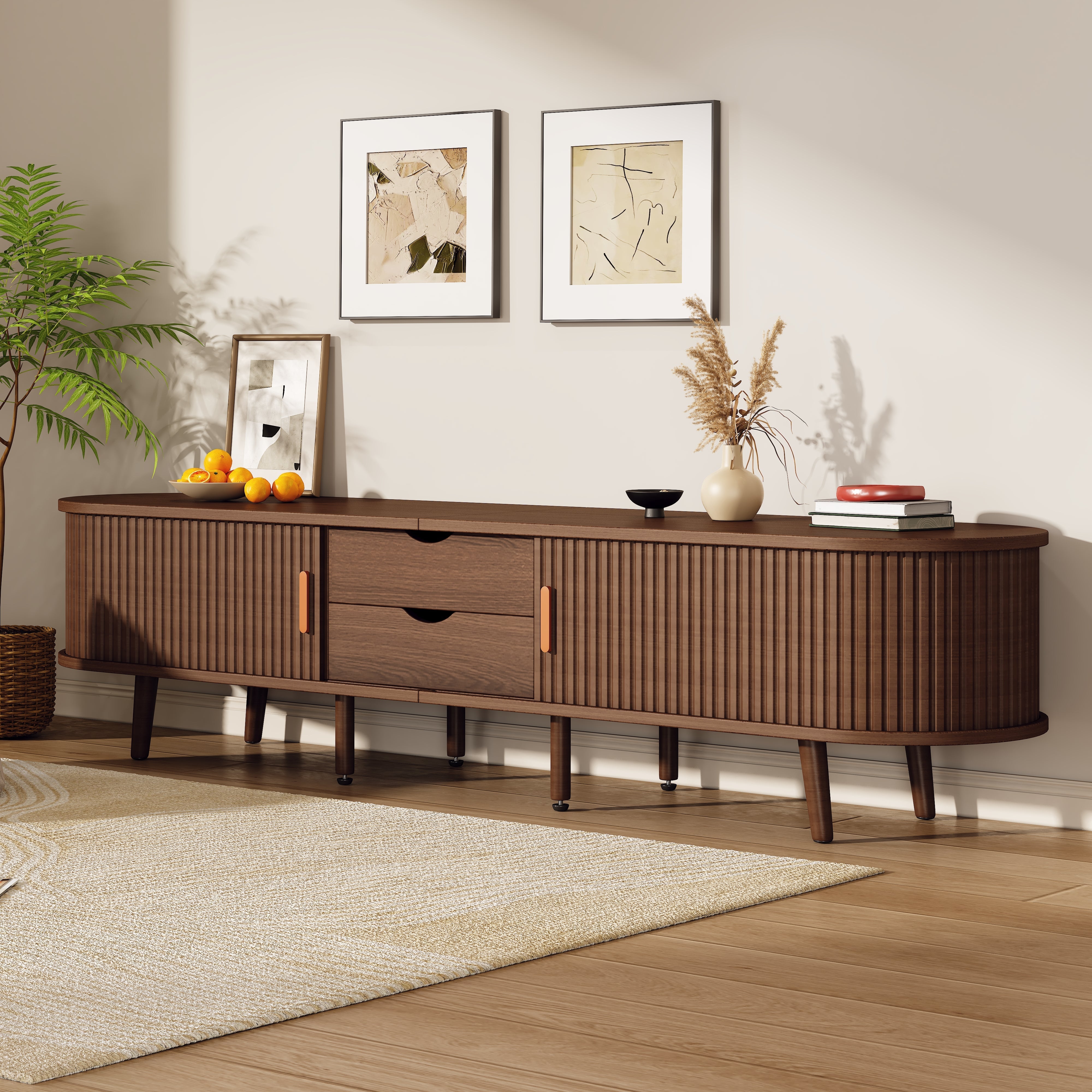 TV Stand with Drawers and Sliding Doors, Oval Cabinet for 70 Inch TV, Dark Oak MDF