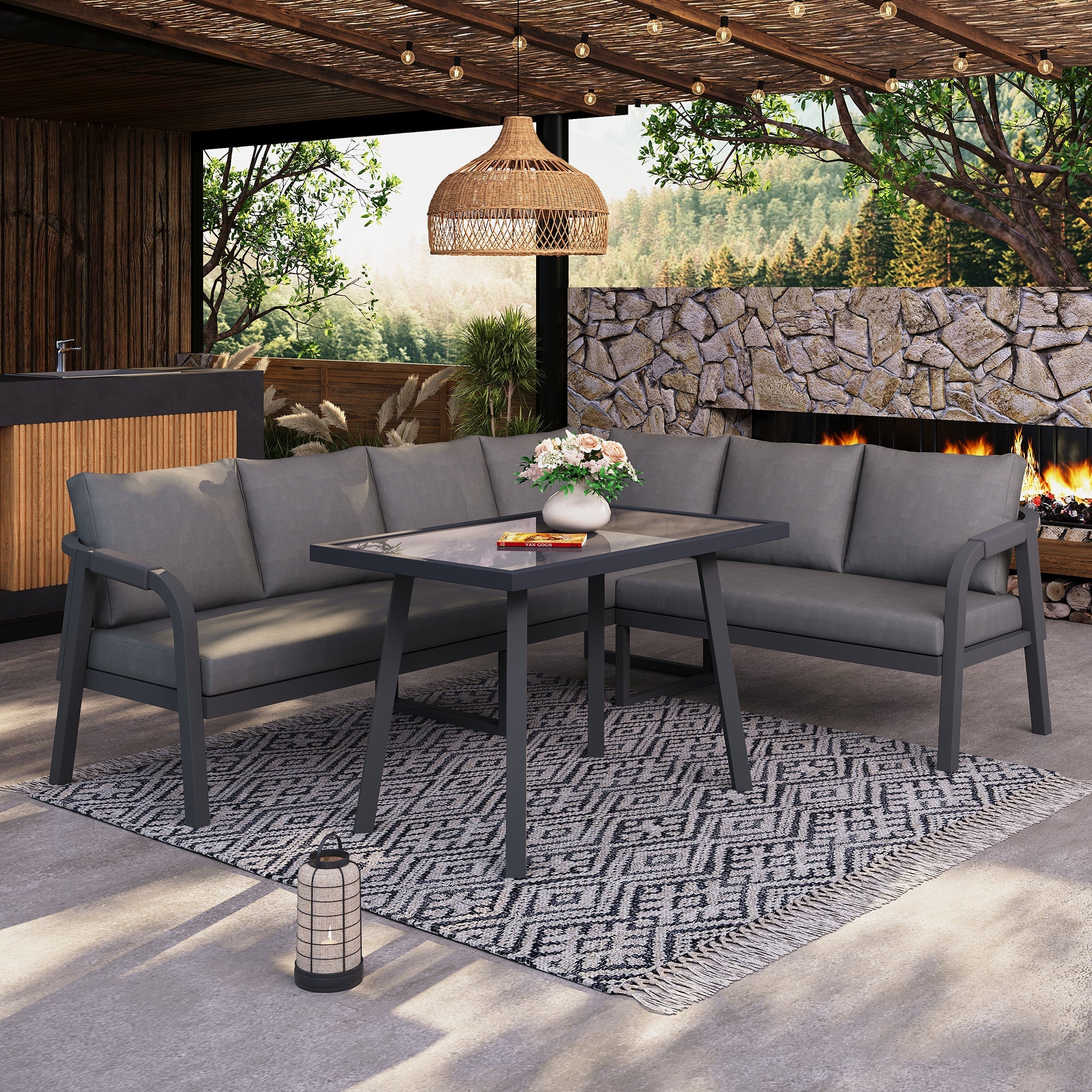 Garden Dining Set, Seats 6 with Corner Sofa and Dining Table, Grey Wicker and Galvanized Steel