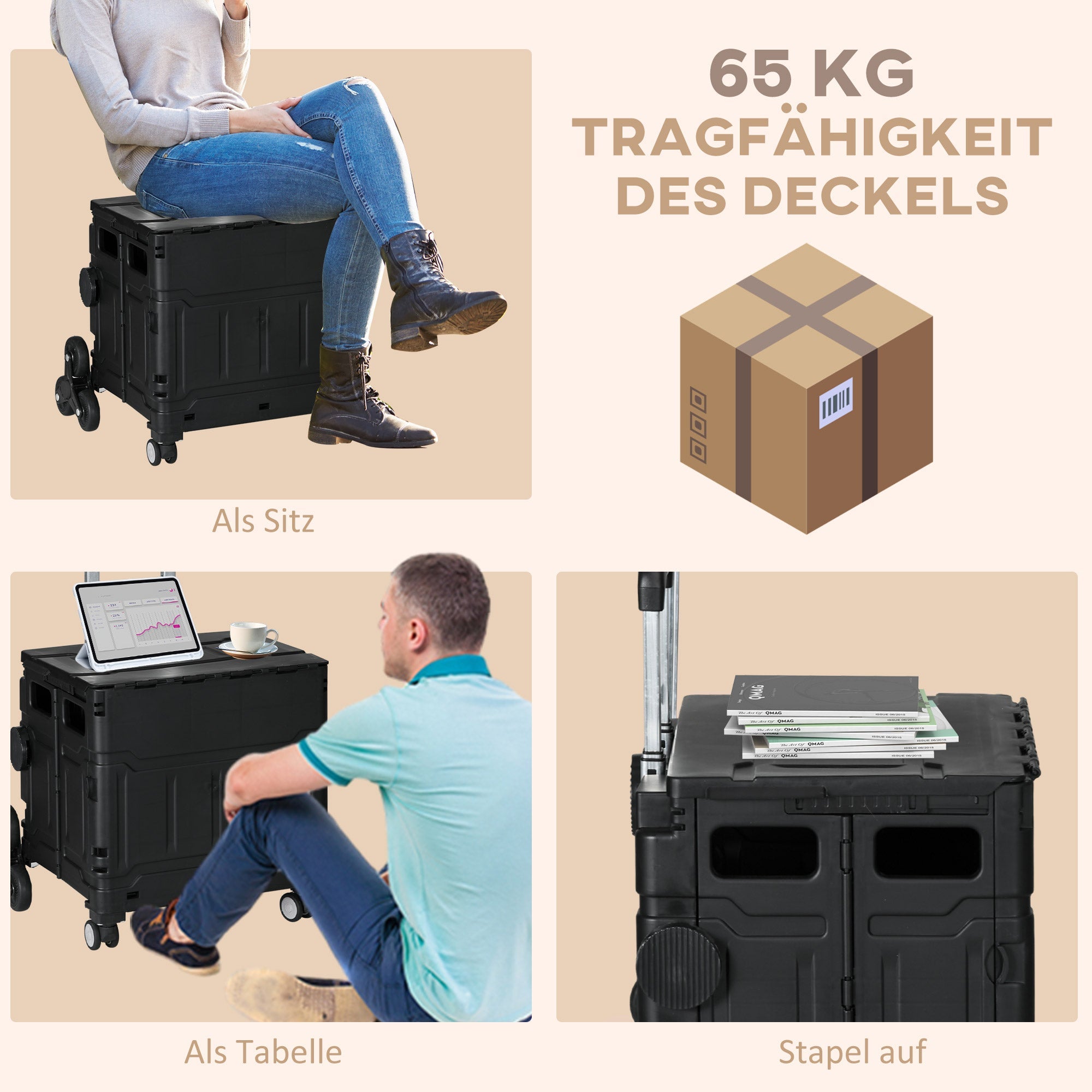 Foldable shopping trolley, 80 kg portable, adjustable handle, stair climber, with lid