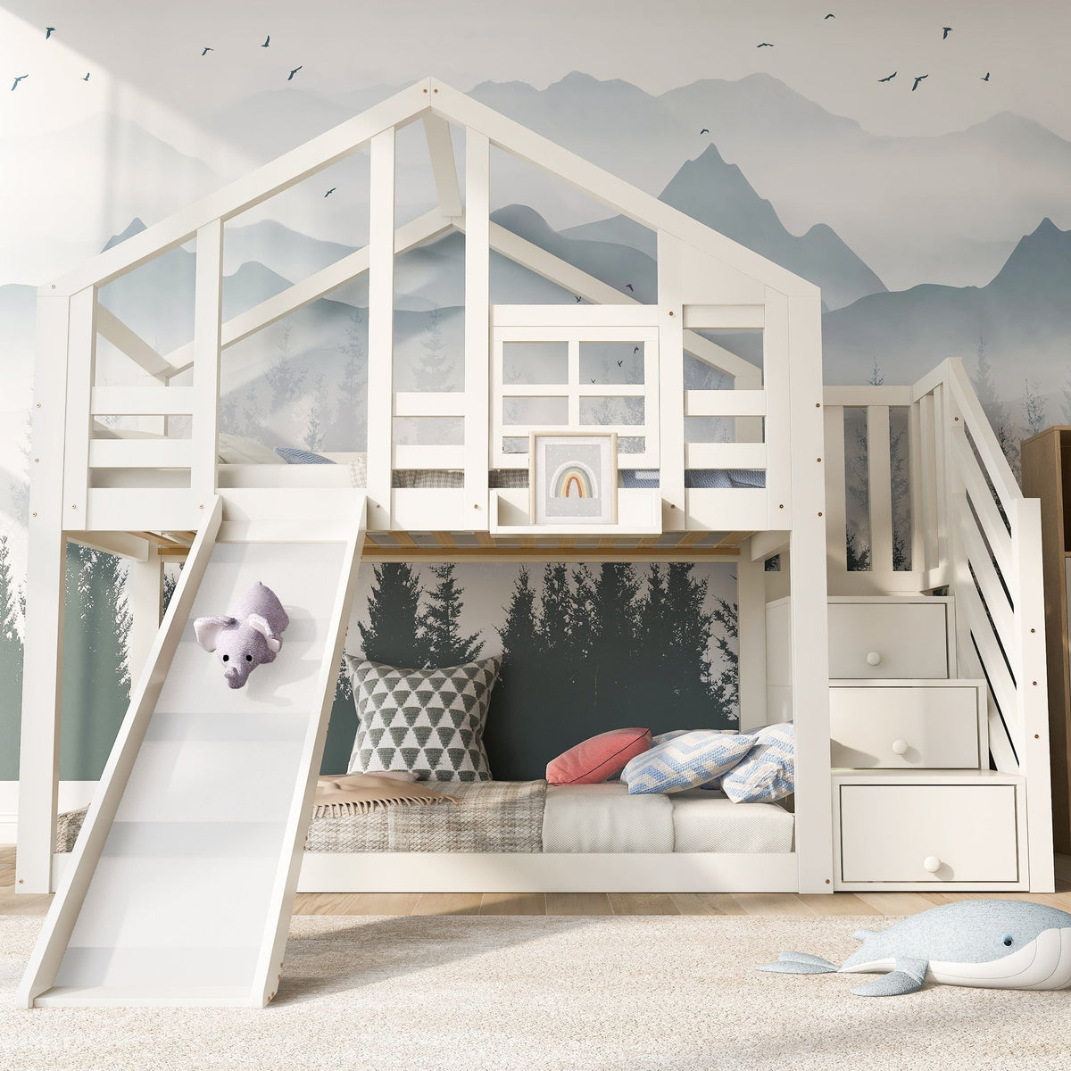 Children's Treehouse Bunk Bed 90x200cm Window Design Slide Fall Protection White