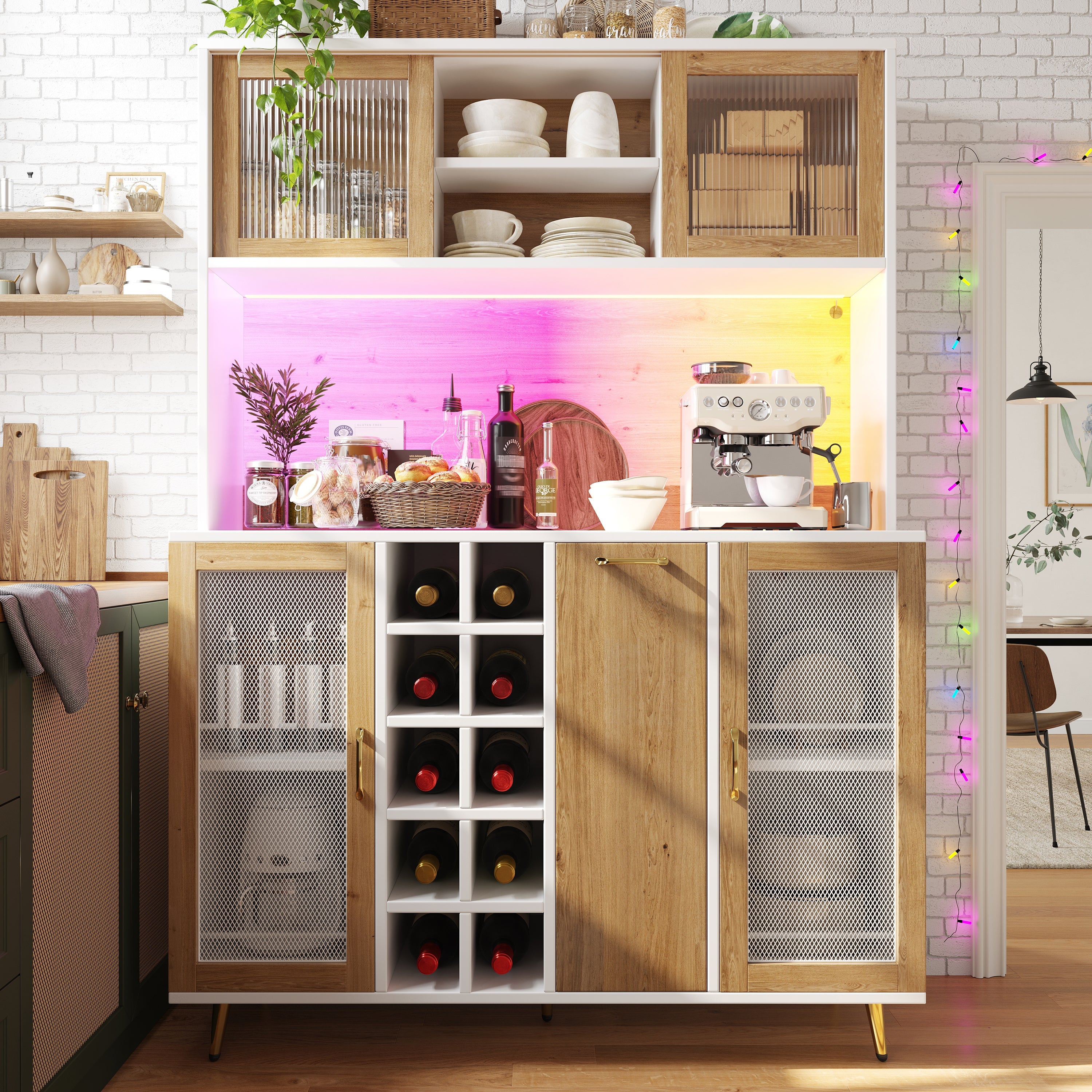 Buffet Sideboard Cabinet with LED Lighting, Wine Rack and Integrated Socket, White and Wood Look