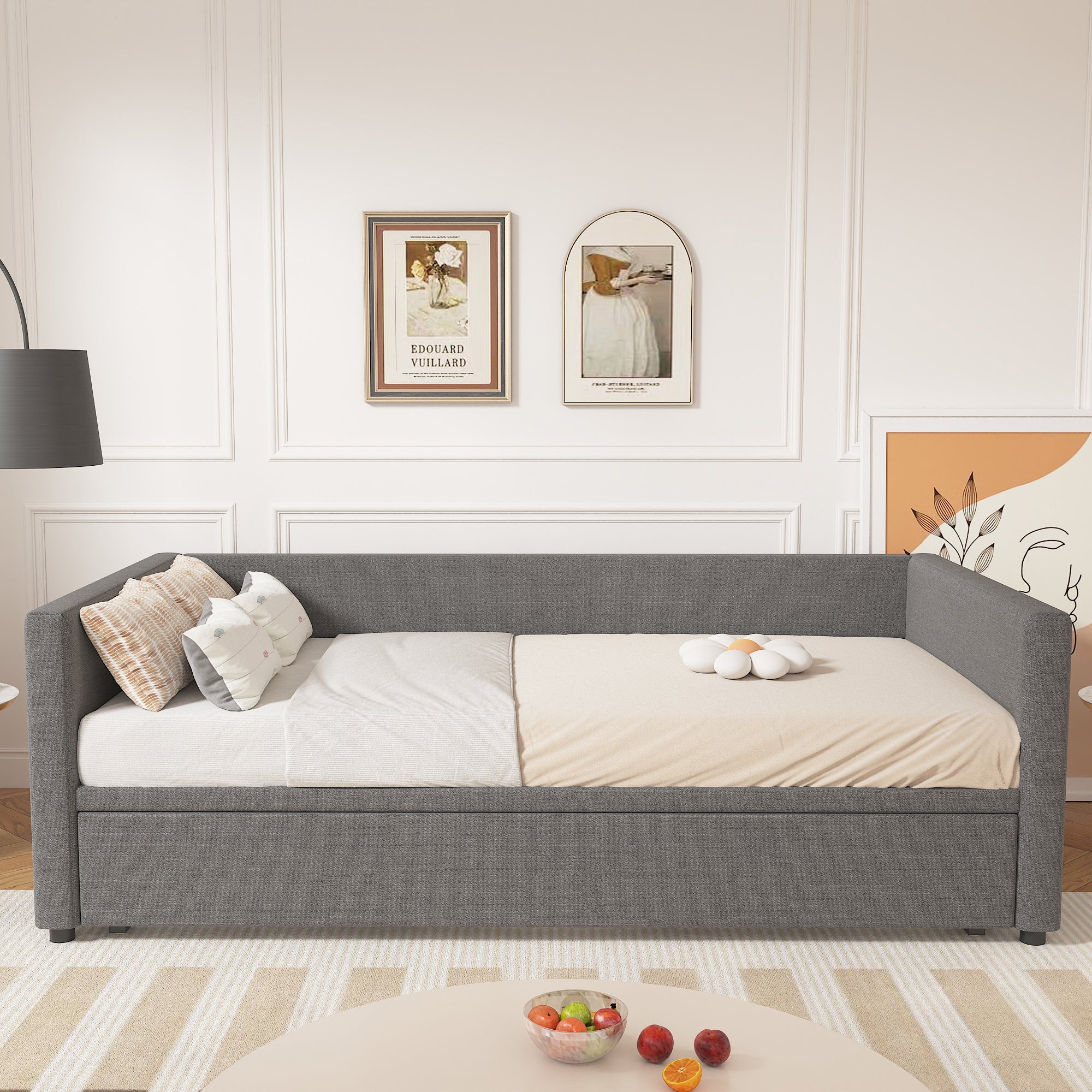 3ft Single Grey Linen Upholstered Bed with Pull-Out Trundle – Daybed Sofa