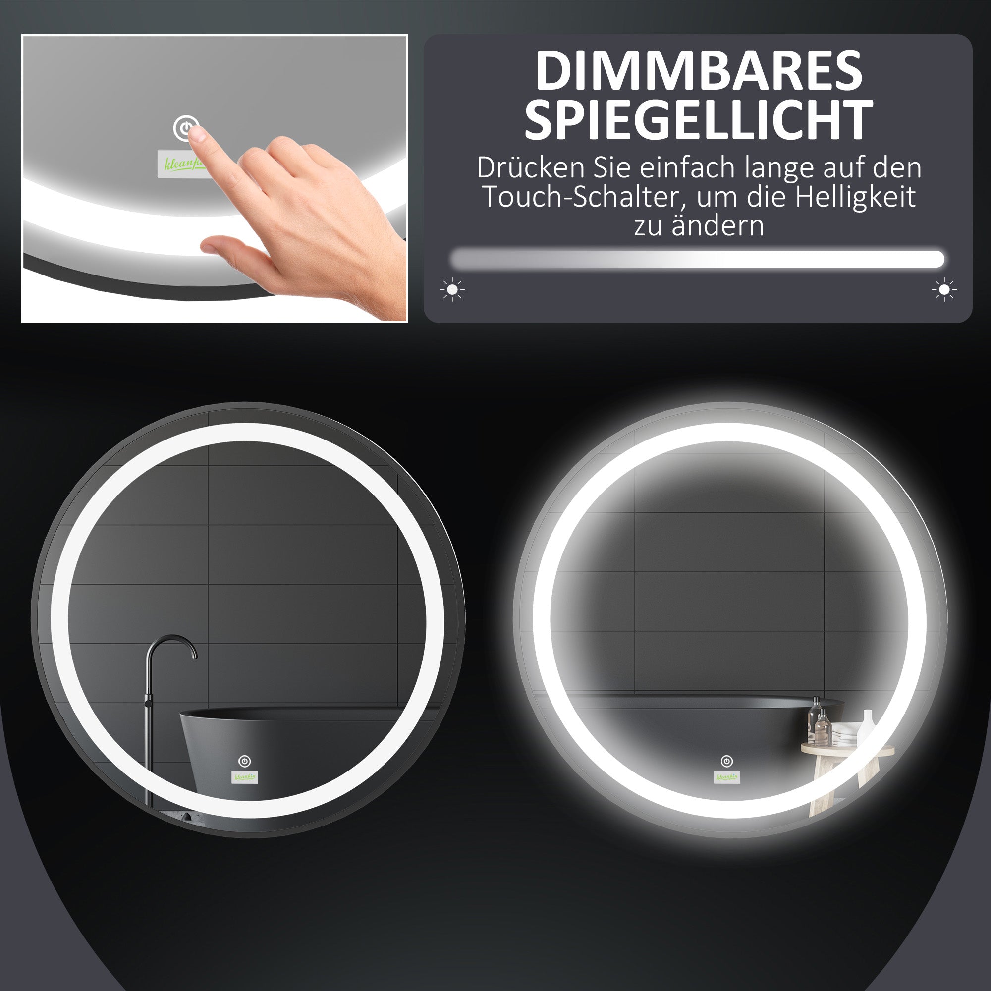 kleankin LED Bathroom Mirror, 60cm, 3 Light Colors, Touch, Black