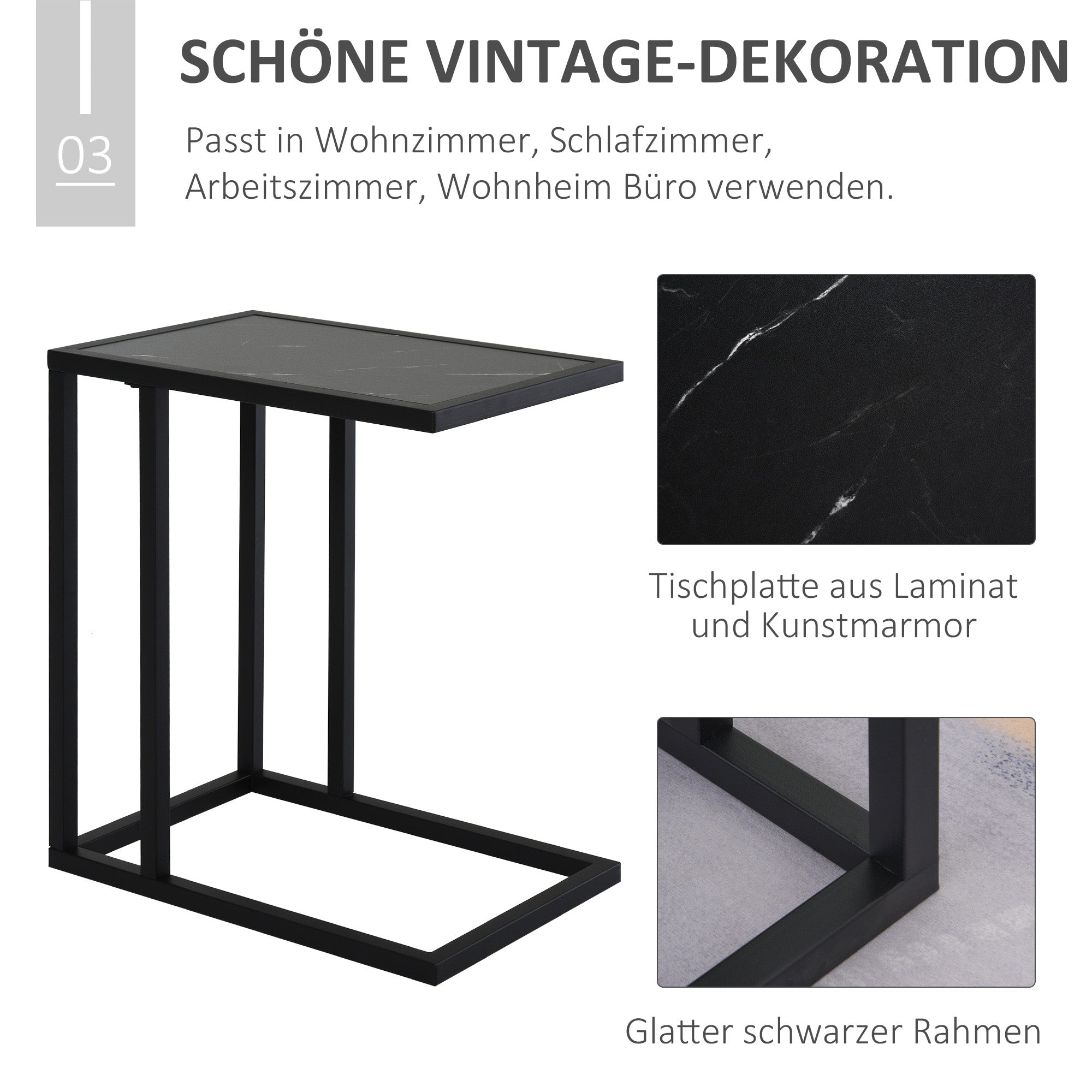 Side Table Coffee Table Marble Look Metal Frame, Black