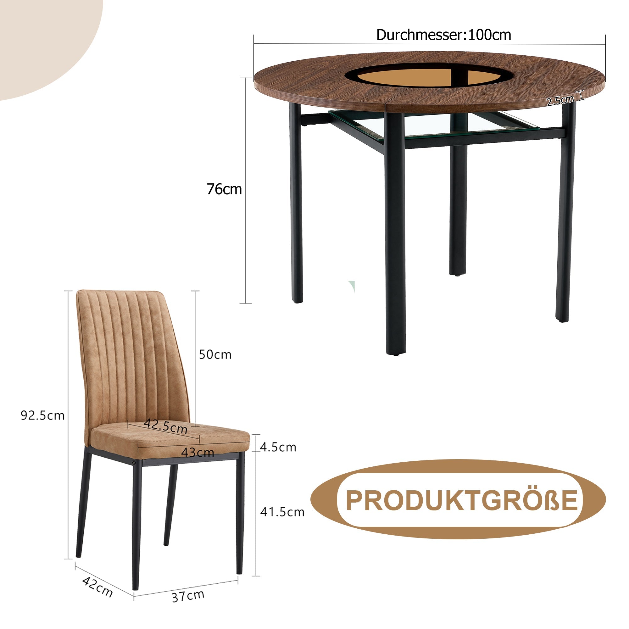 Dining Set Minimalist Round Glass Table 85cm 4 Chairs - Brown