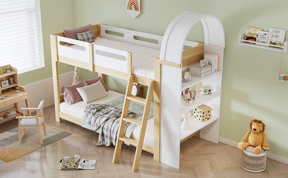 Bunk Bed 90x200cm 3-Tier Shelf Ladder Slatted Base - White/Natural Pine