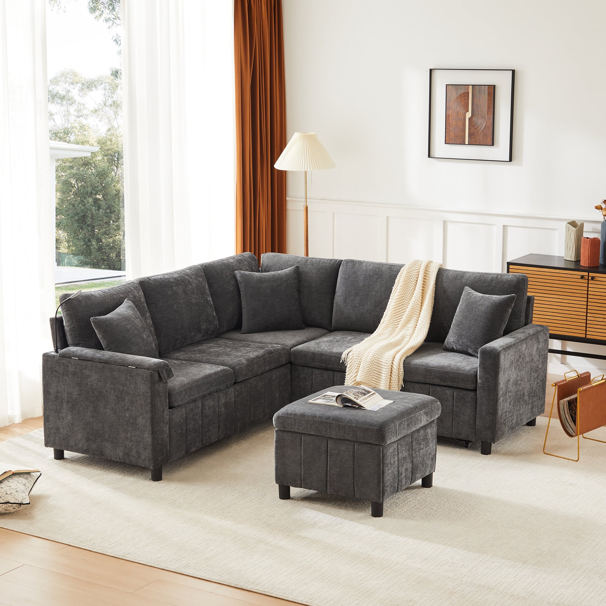 Chenille Corner Sofa Bed with Ottoman, USB Charging and Hidden Table, Grey