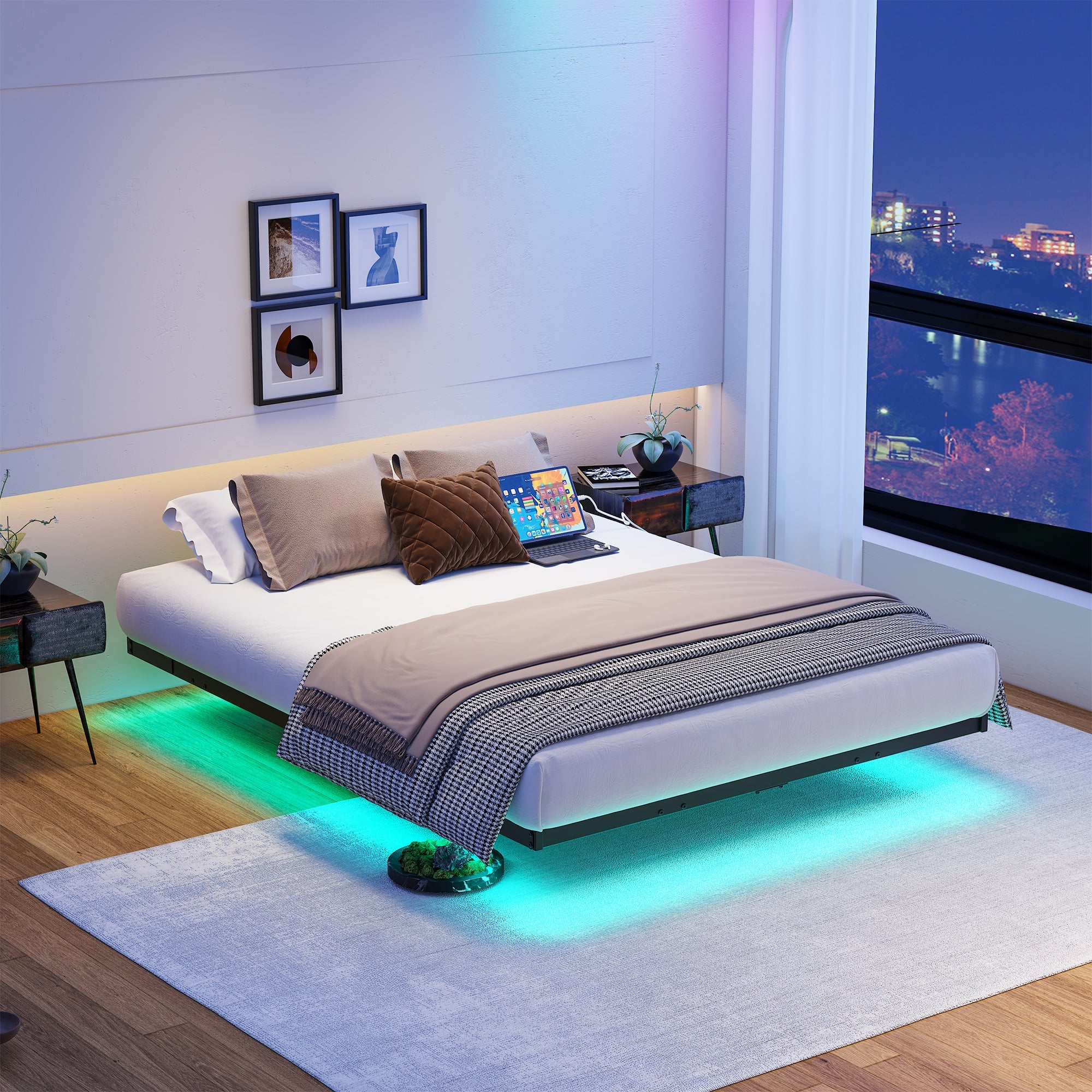 Floating Bed Frame 120x200cm LED Charging Station Metal - Black