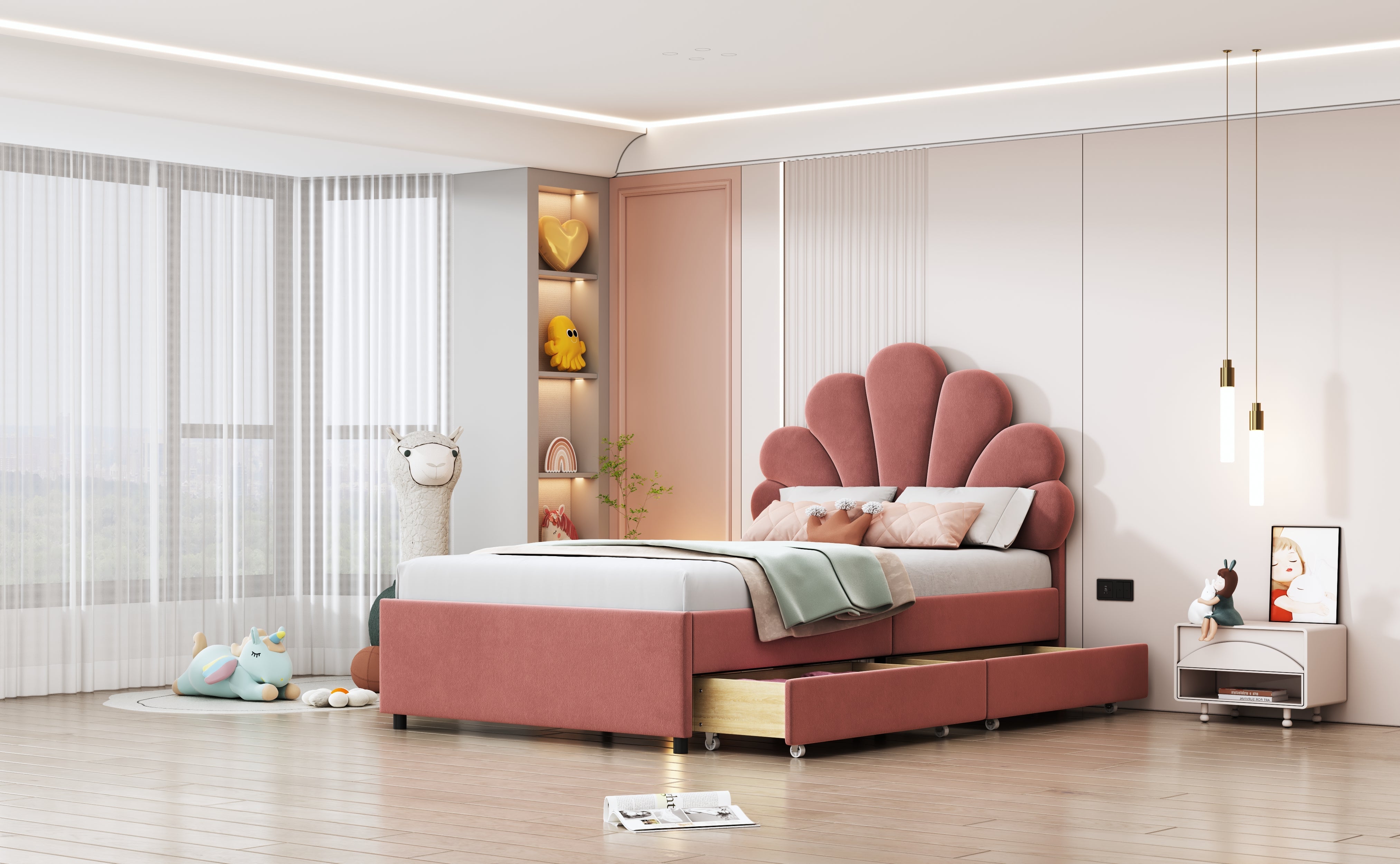 Children's Upholstered Bed 90x200 Floral Headboard Storage Velvet Pink
