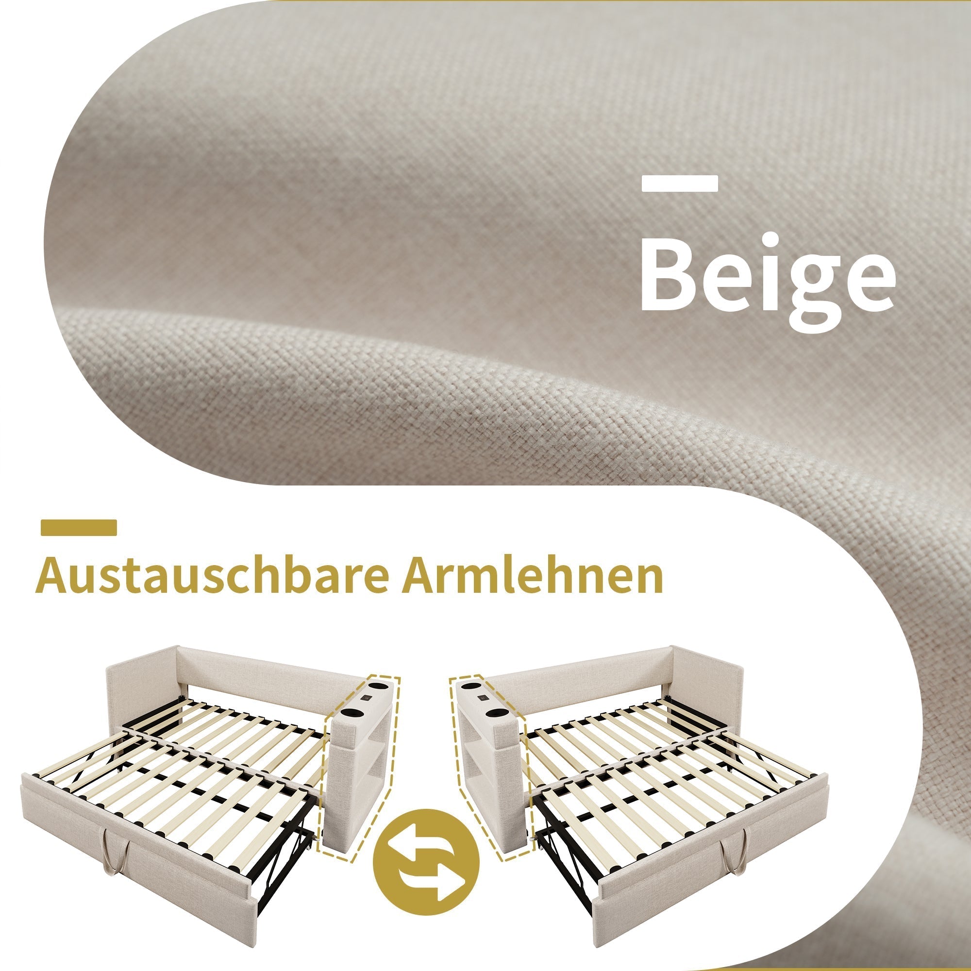 Upholstered Daybed Sofa Bed 90x200cm Pull-out USB/Type-C Armrests Linen Beige