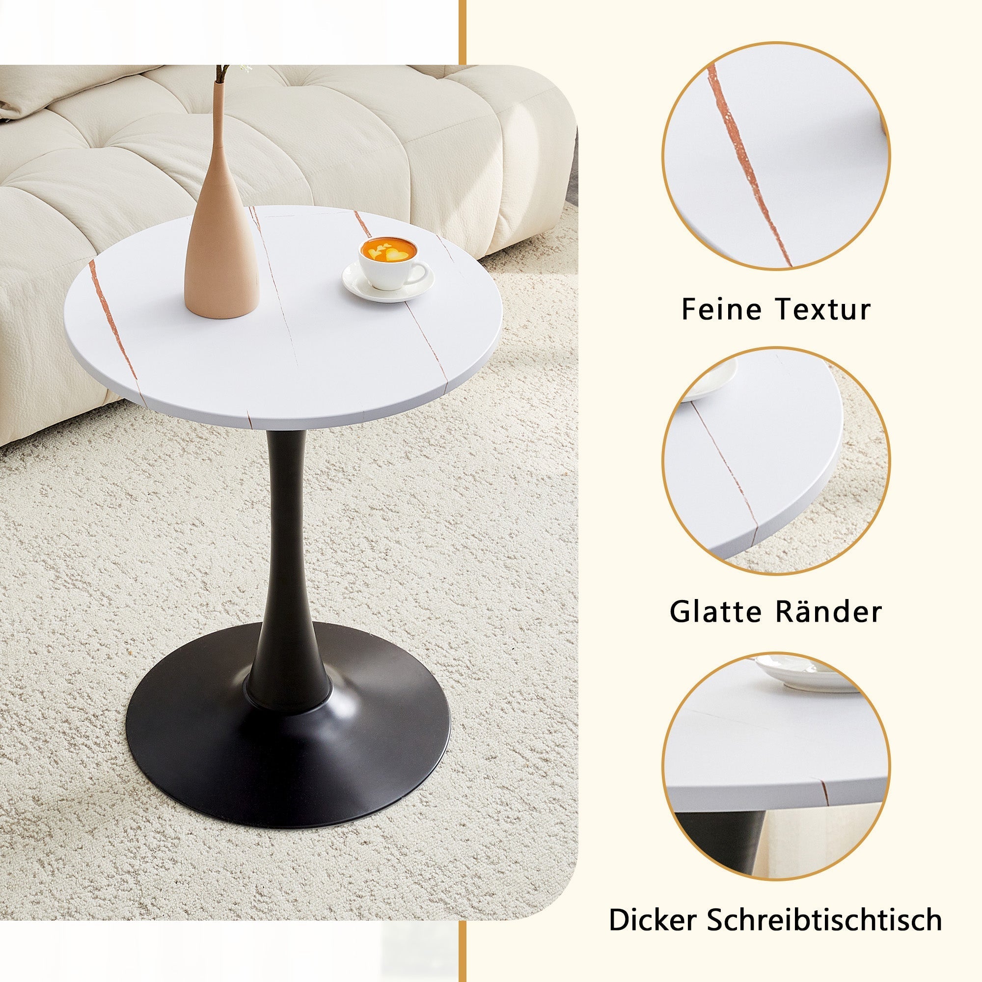 Round 60cm Side Table Small Dining Table MDF Thermoforming Black Leg White Grain Look
