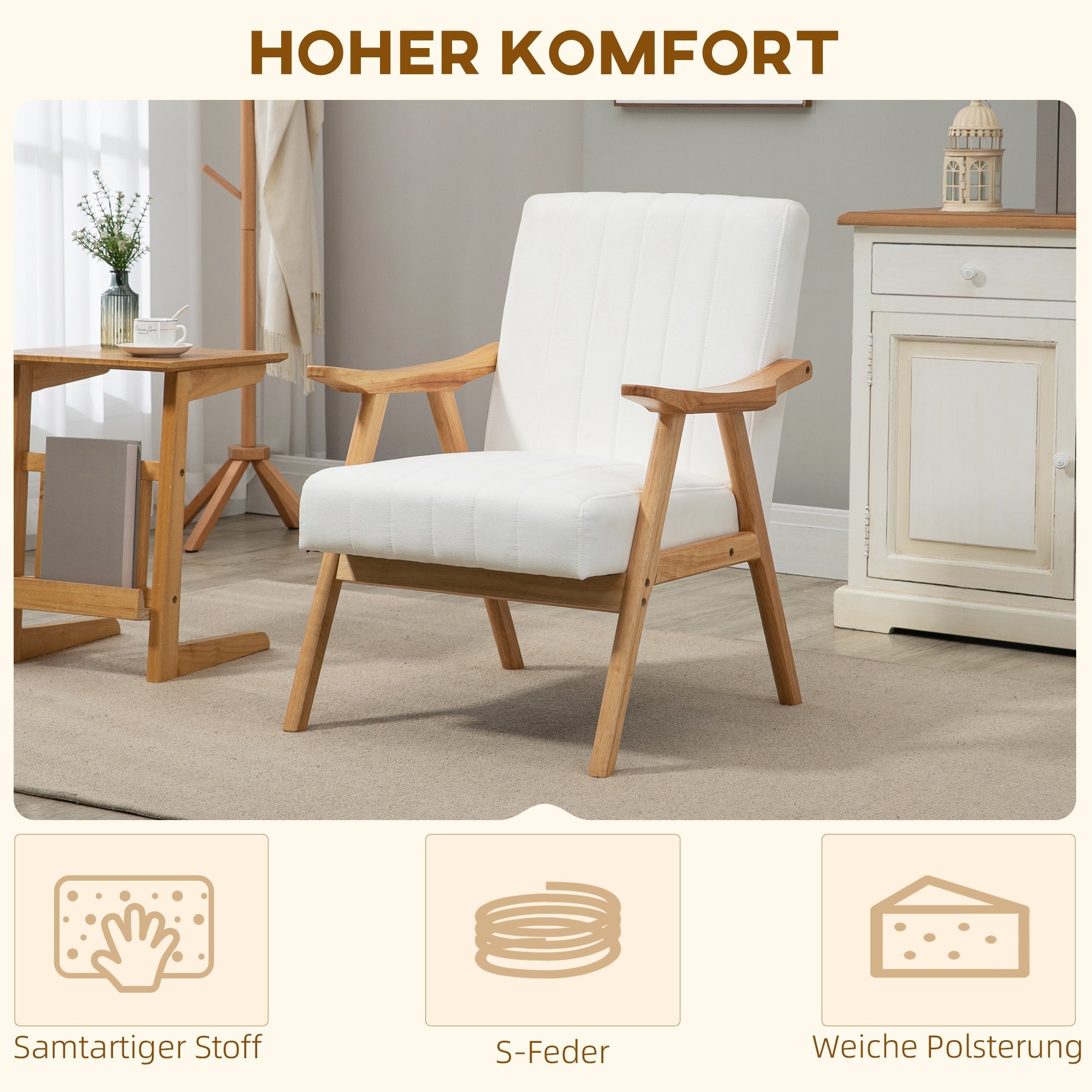 Upholstered Armchair Lounge Chair, Armrests Scandinavian Design, Cream Velvet