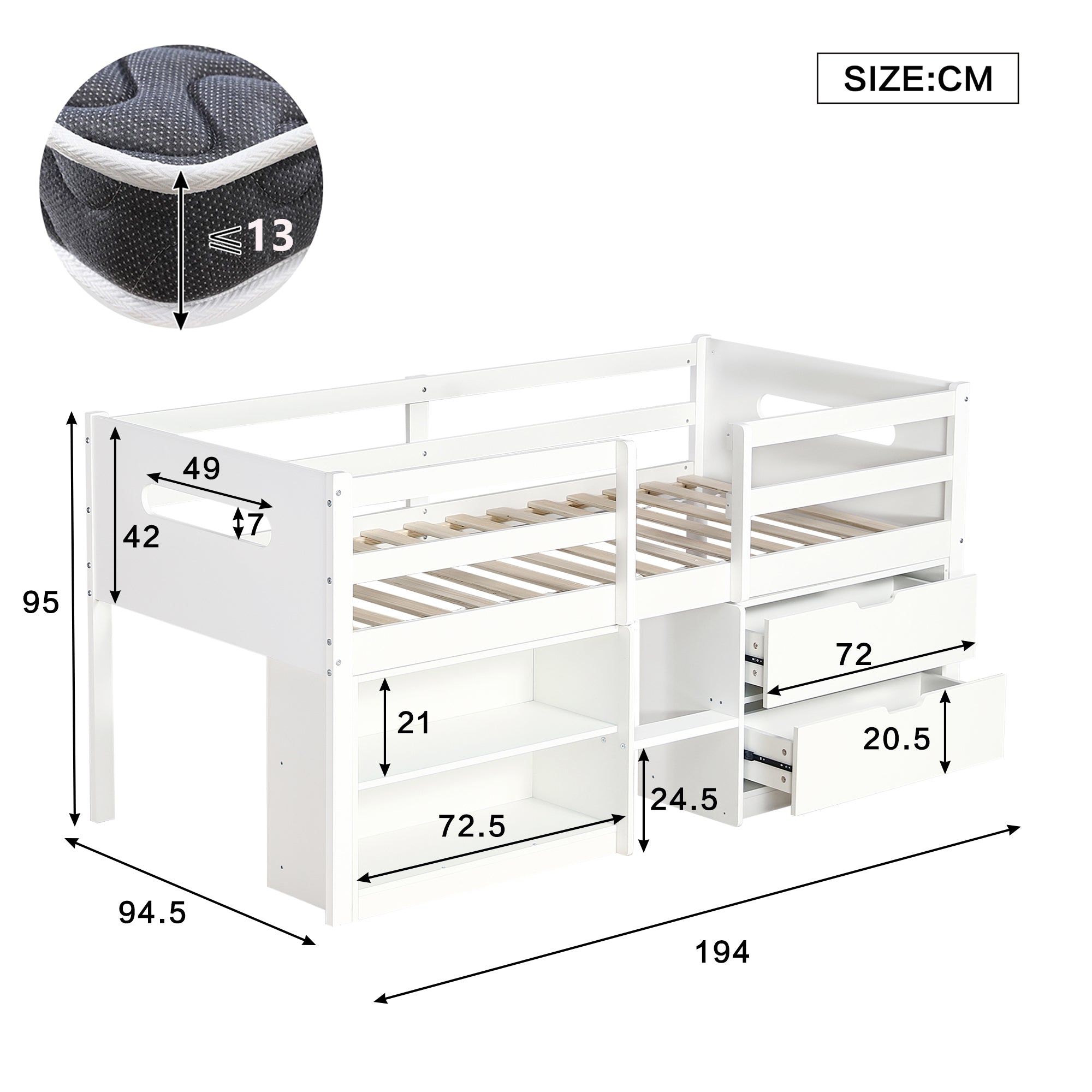 Wooden Storage Bed, 3ft Single with Drawers and Safety Guardrail, White