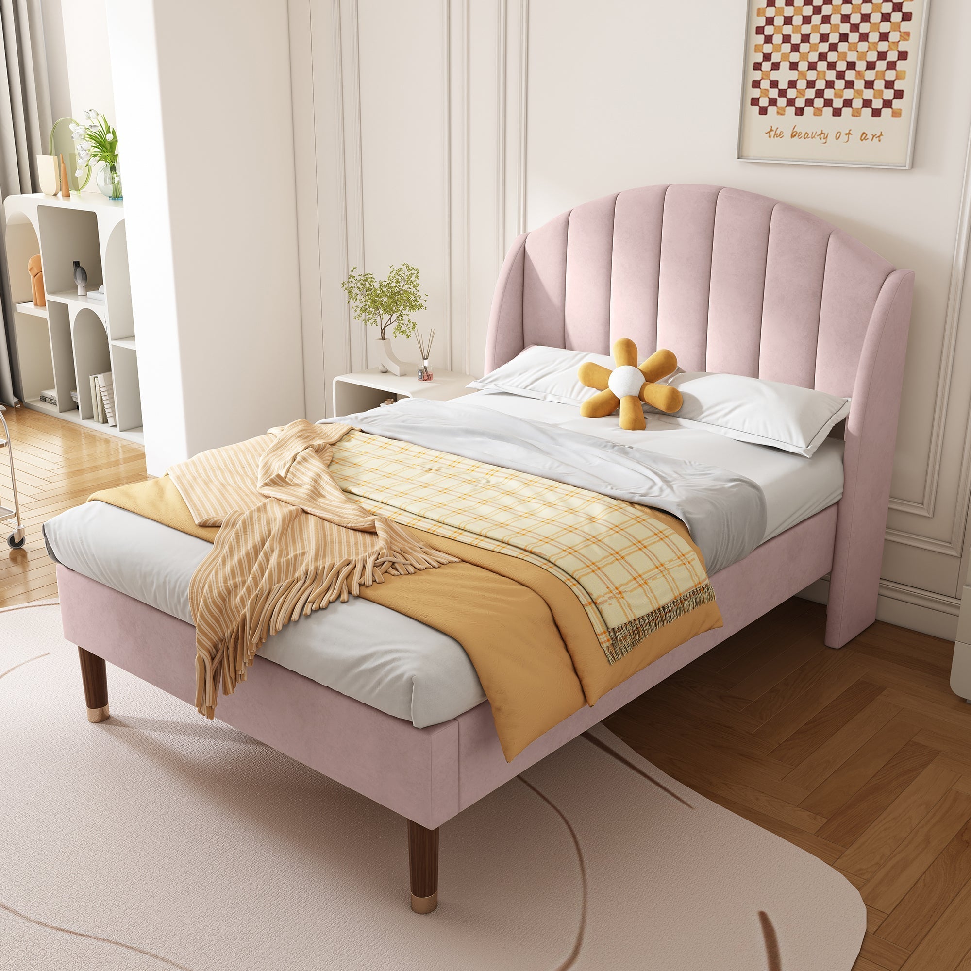 Upholstered Bed, Single Bed - 3ft(90*190cm) with Slatted Frame and Headboard, Pink Velvet