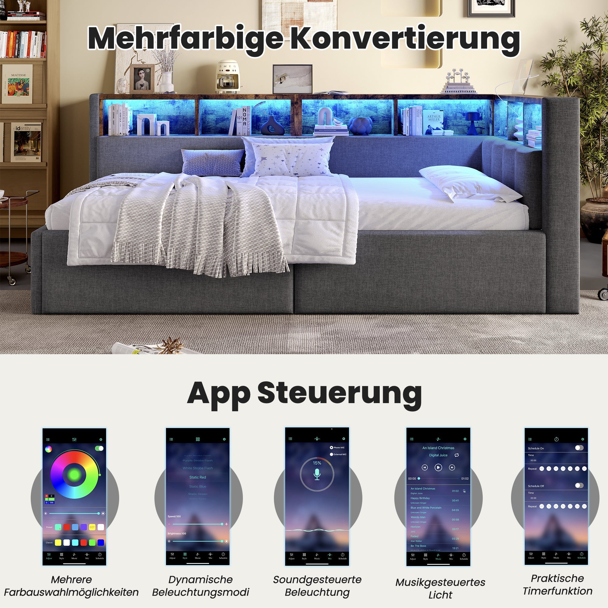 Daybed 90x200cm Hydraulic Storage LED USB/Type-C - Linen Grey