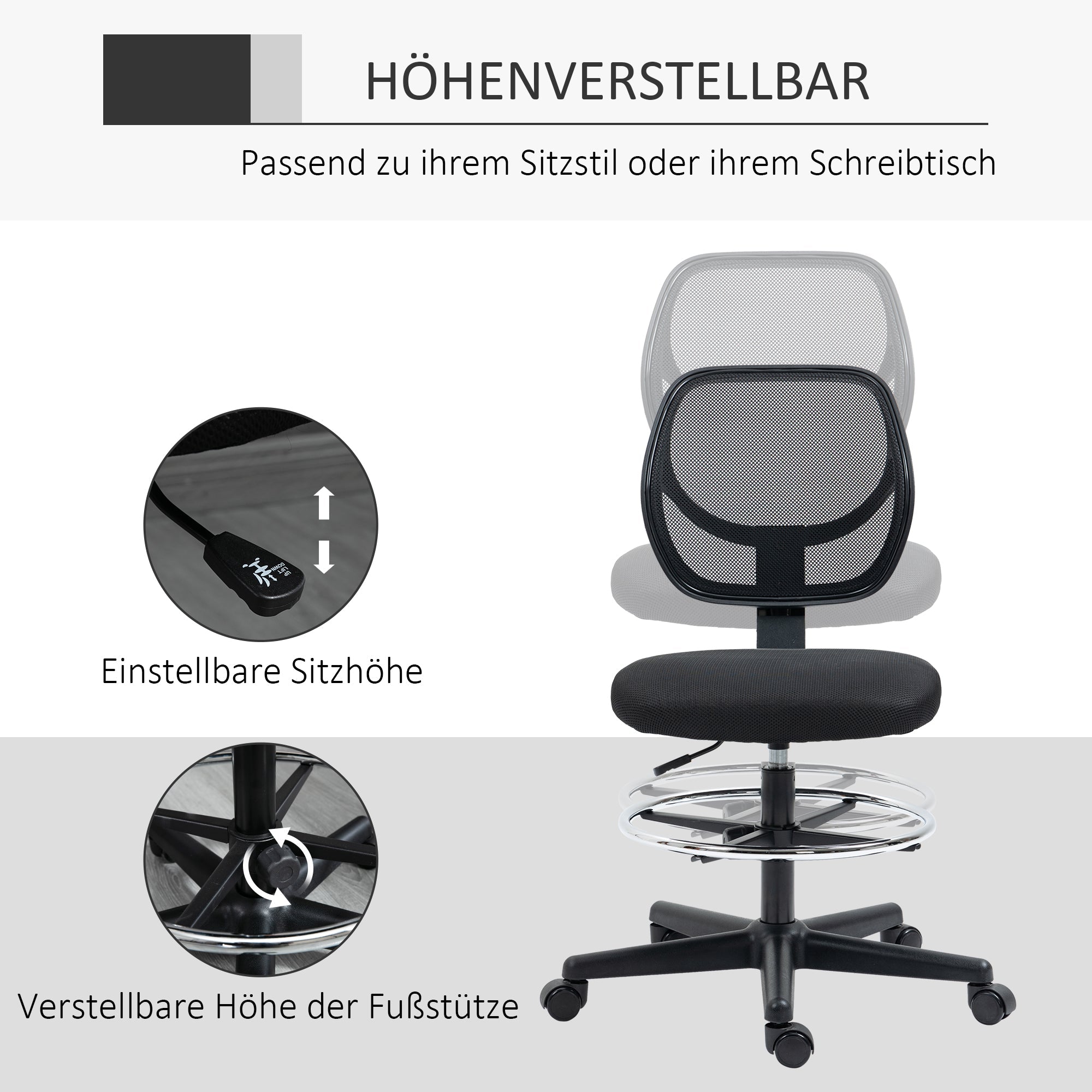 Vinsetto Standing Office Chair, Height-Adjustable Ergonomic Swivel, Black
