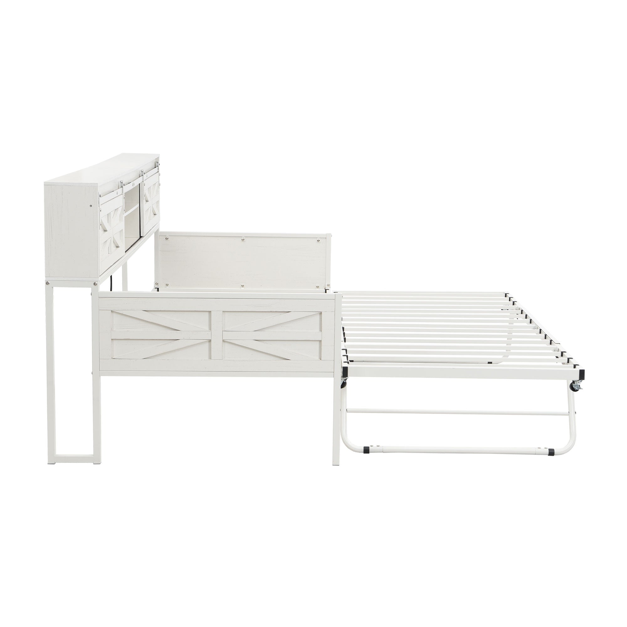 Multifunctional Iron Daybed with Storage Shelves and Pull-out Bed, White/Black Metal