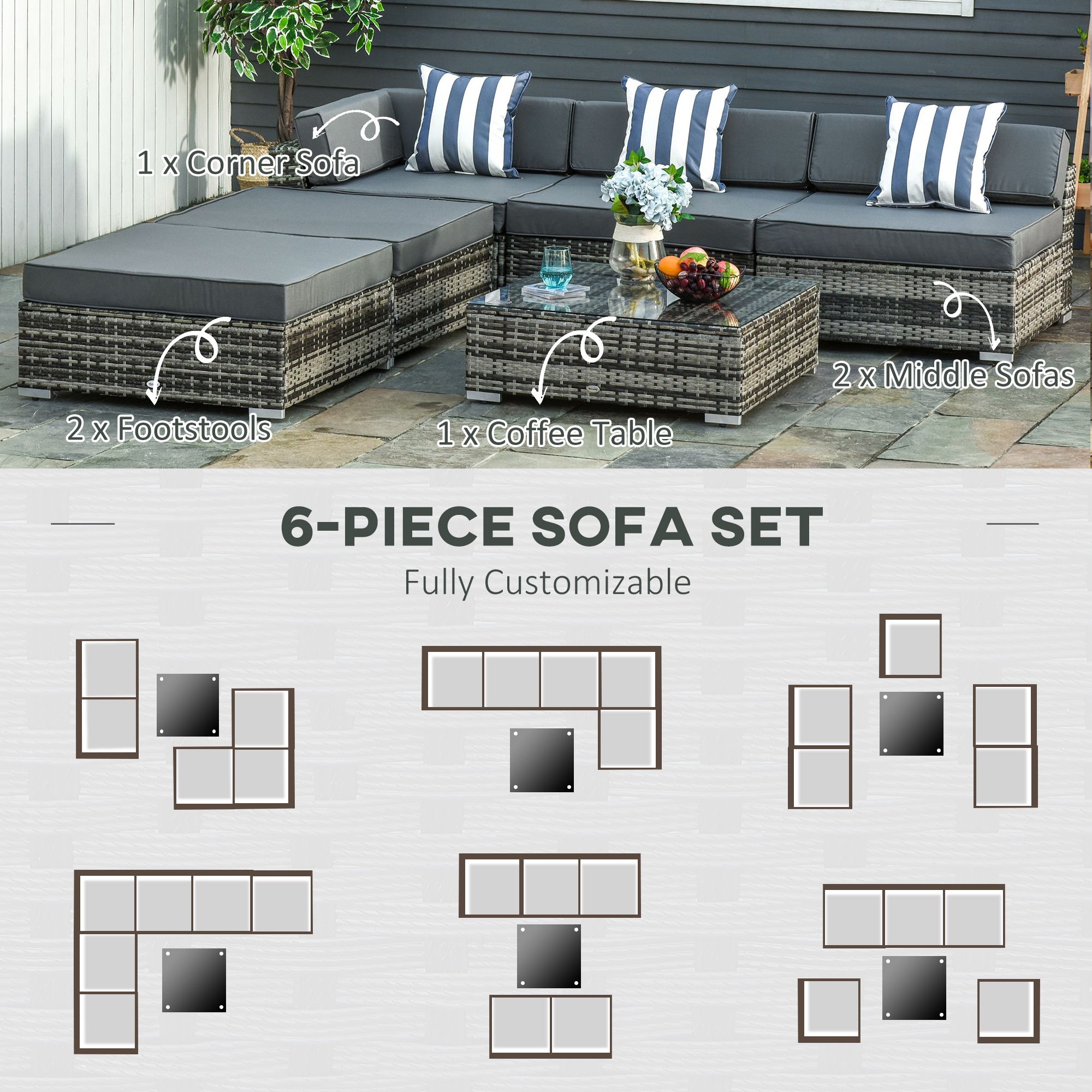 6 PC Rattan Sofa Set Sectional Wicker Weave with Coffee Table and Cushions Grey