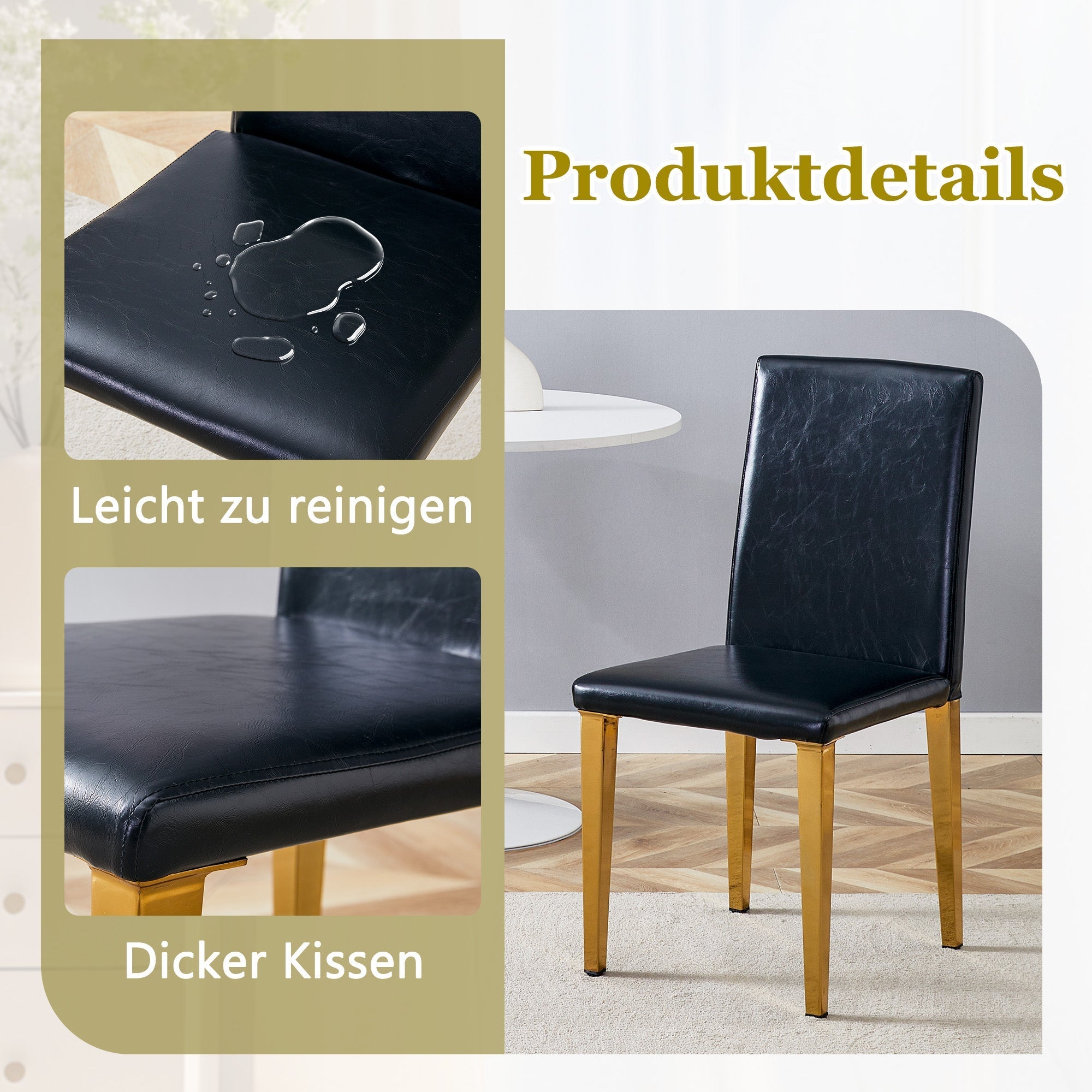 Minimalist Dining Chairs Set of 2 with Gold Metal Legs, Black PU Leather
