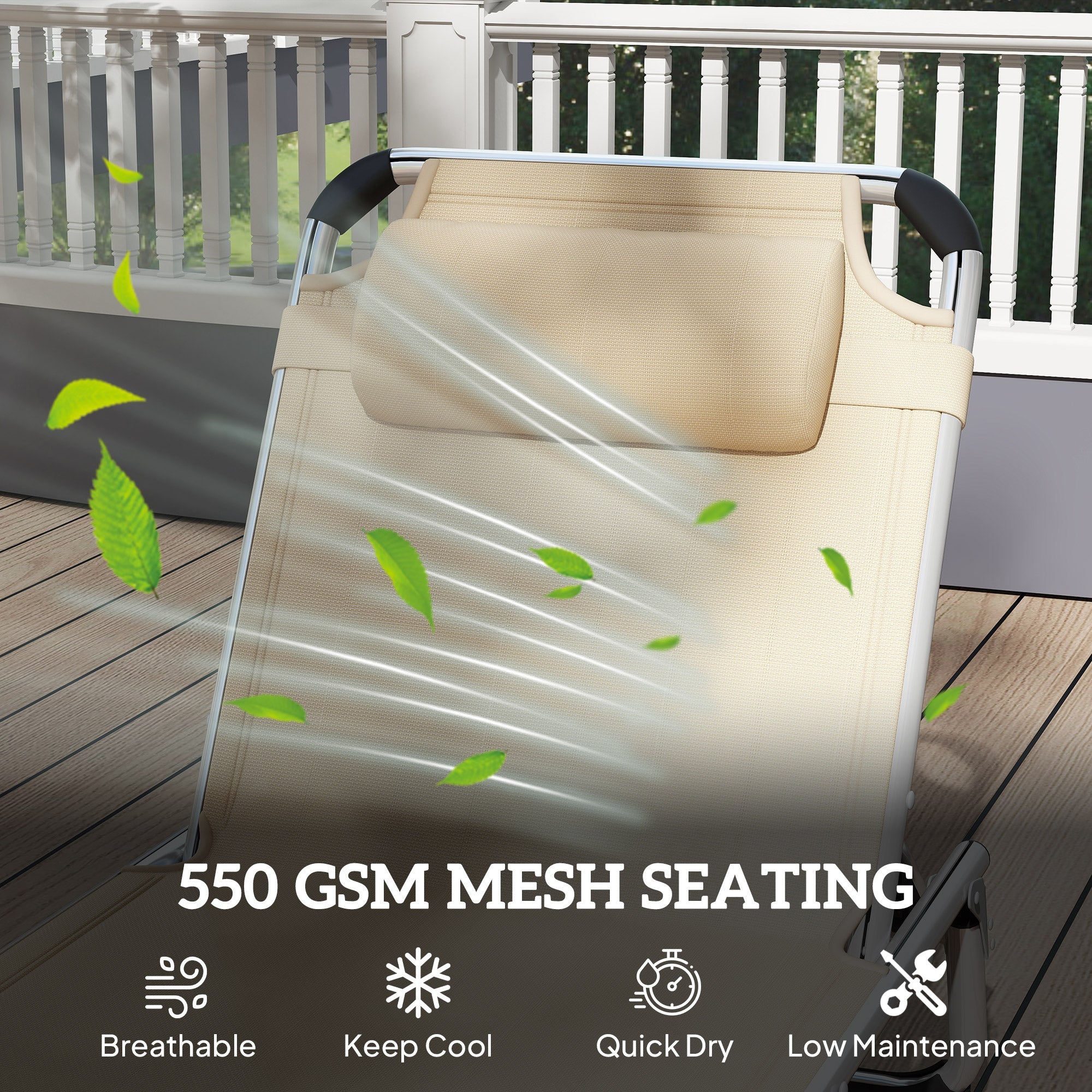 Foldable Outdoor Sun Lounger, Reclining 4-Level Adjustable Back with Pillow, Khaki Aluminium Frame