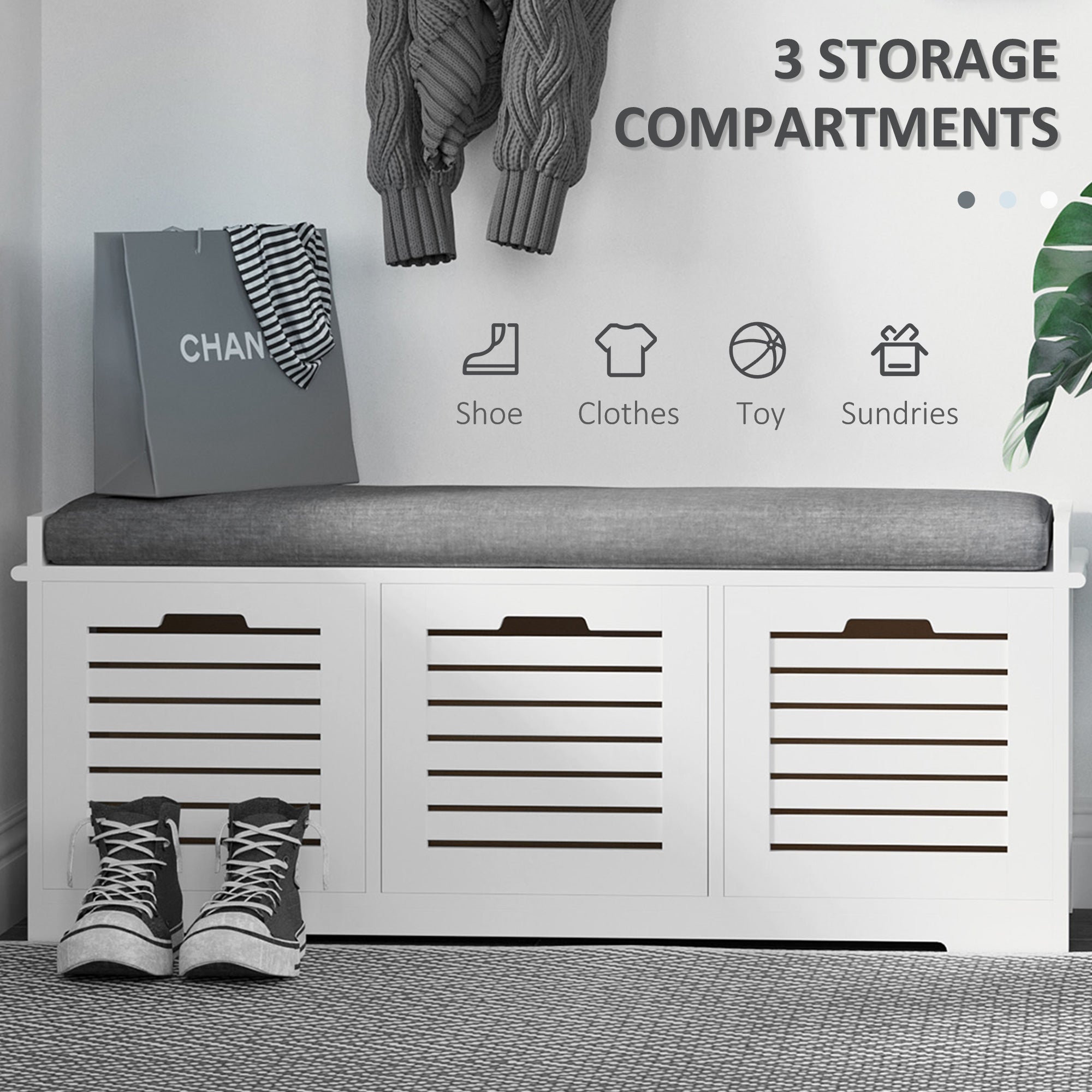 Shoe Storage Bench with 3 Drawers & Removable Seat Cushion, Grey