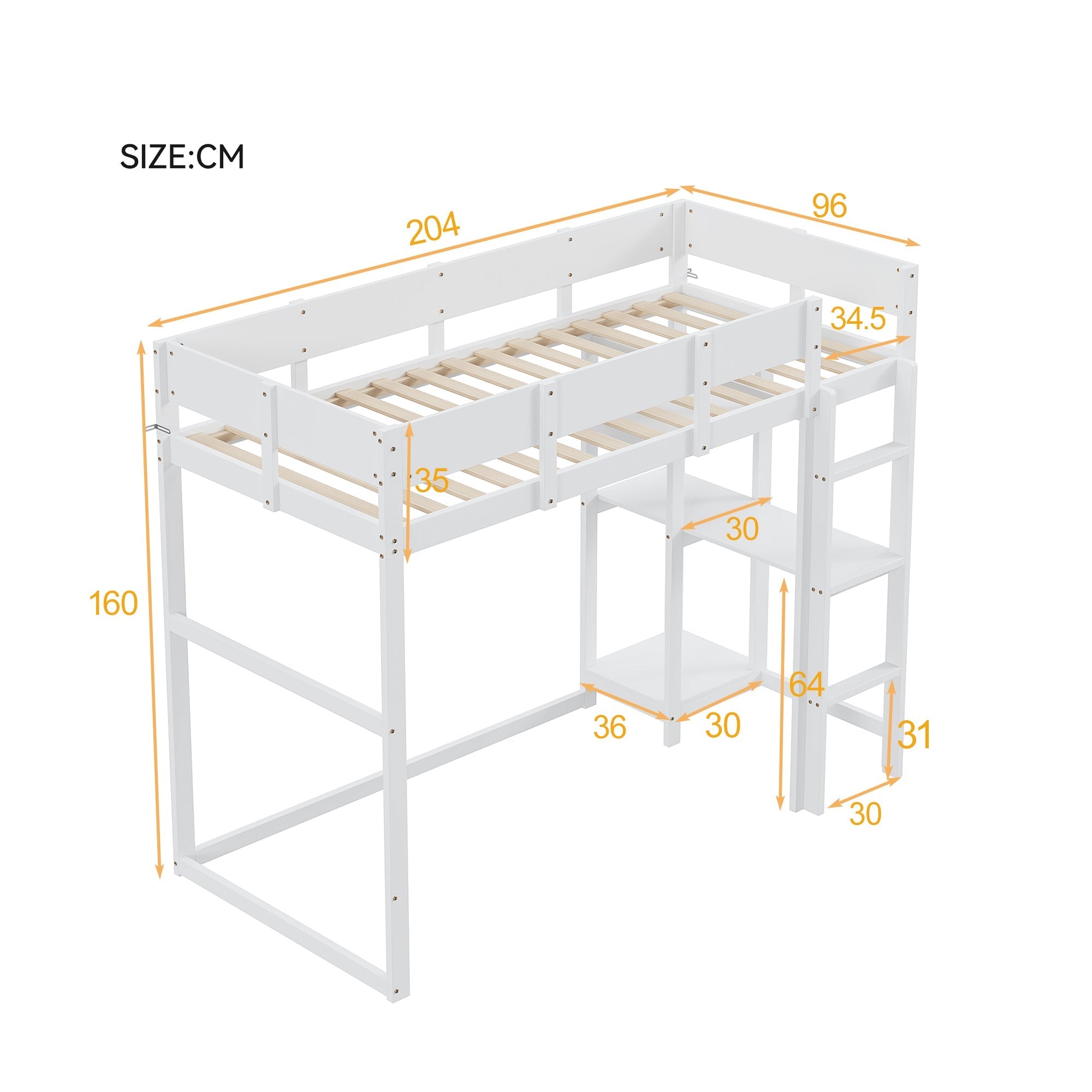 Loft Bed 90x200cm Storage Slatted Base - White Pine Wood