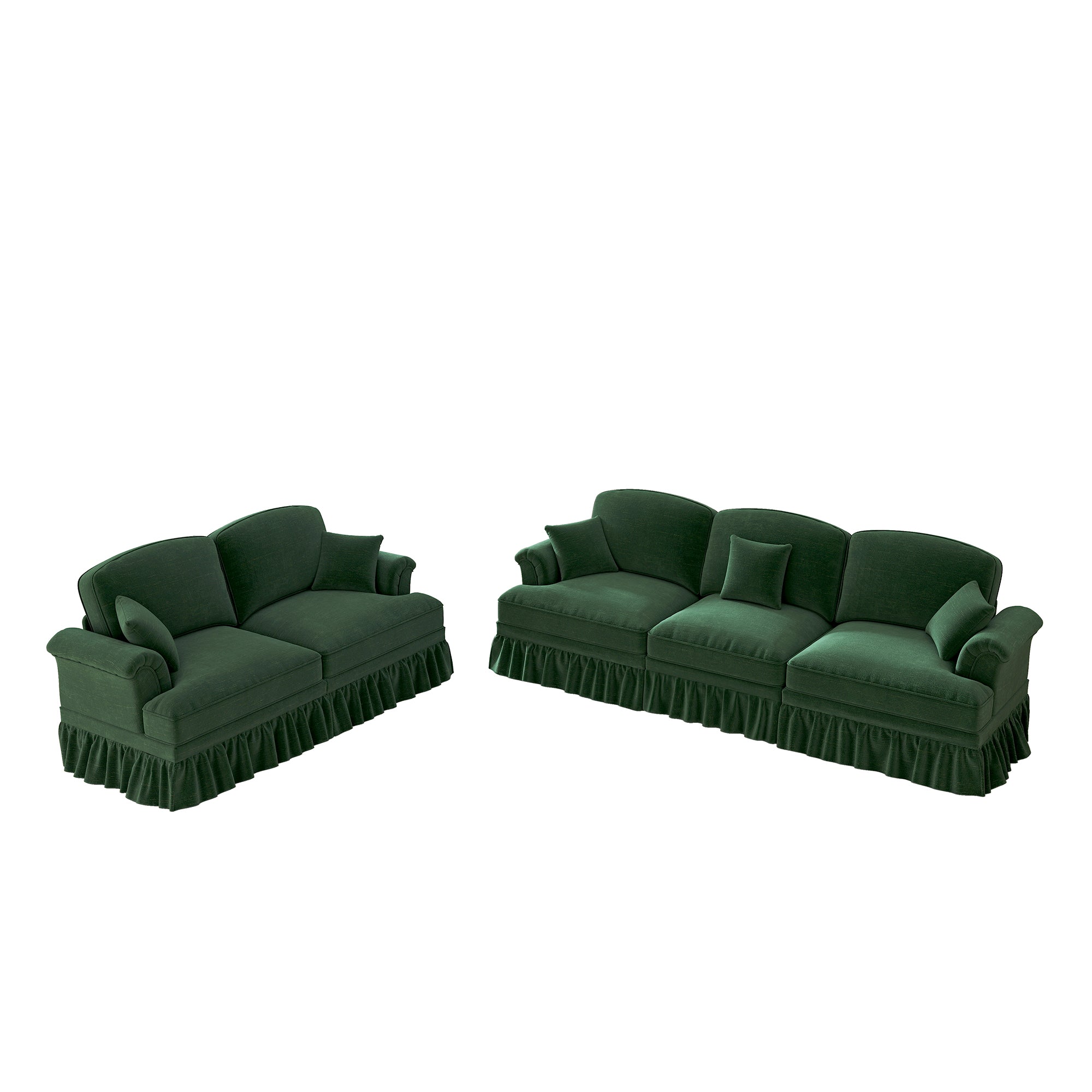 Classic 2-Piece Modular Sofa Set 3-Seater & 2-Seater Loveseat Ruffled Spindle Legs - Chenille Green